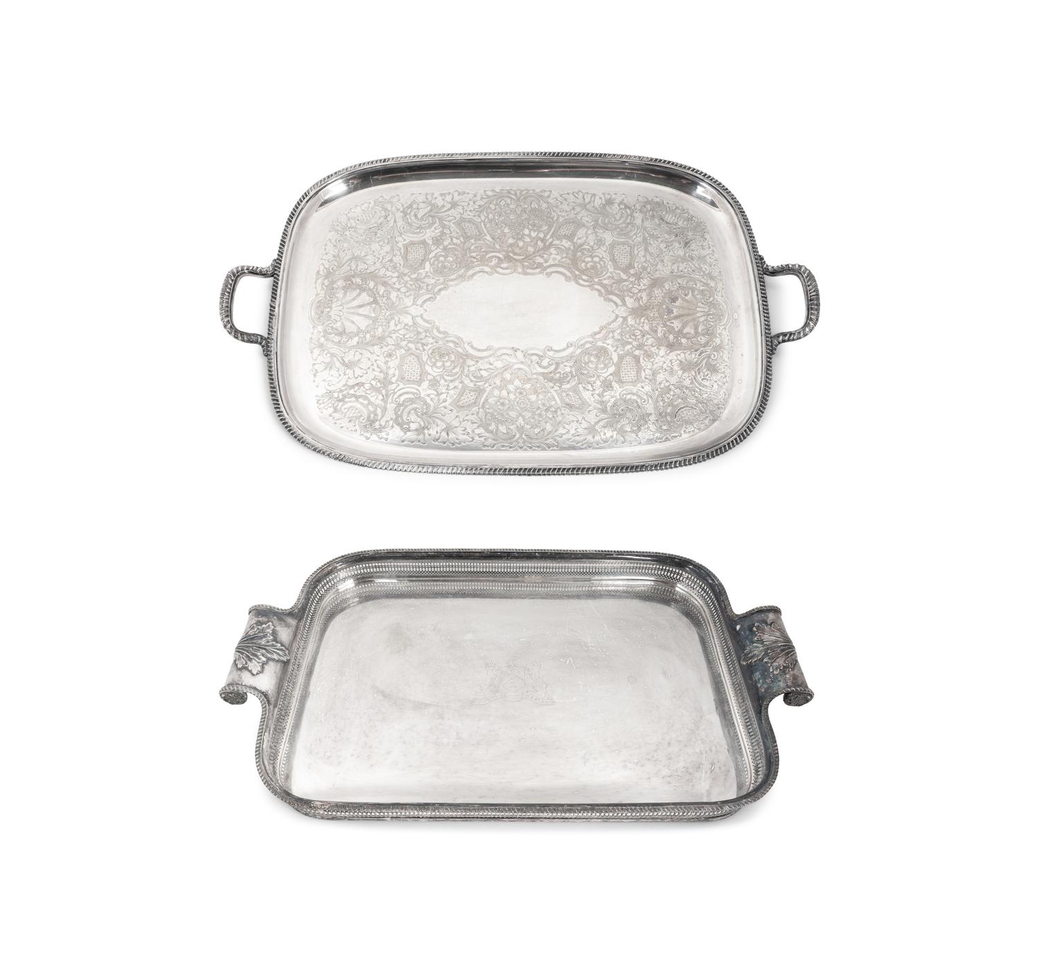 Two Silverplated Rounded Rectangular Two-Handled Trays