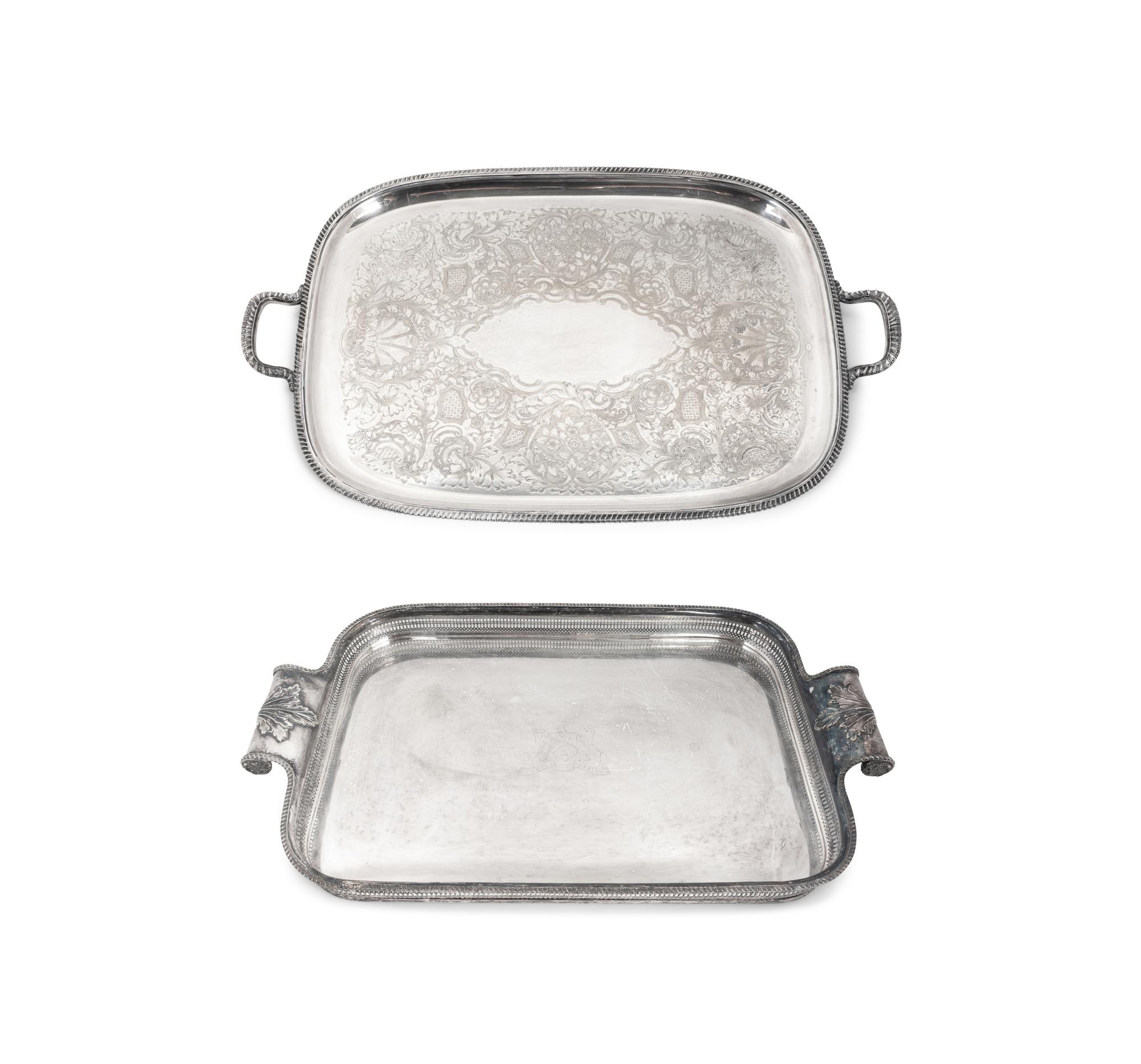 Two Silverplated Rounded Rectangular Two-Handled Trays