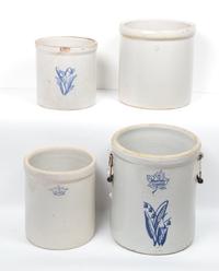 A Collection of Four Oversized Stoneware Pots Height of tallest 16 1/2 inches.