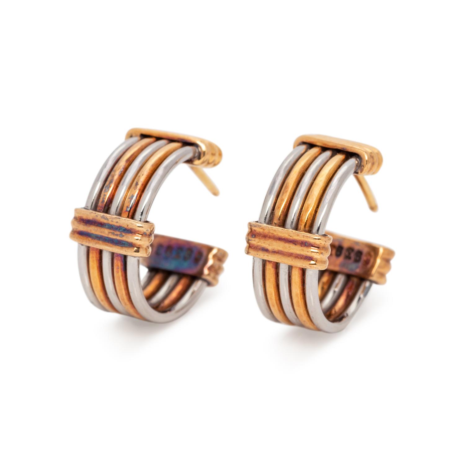 CARTIER, YELLOW GOLD AND STEEL HOOP EARRINGS