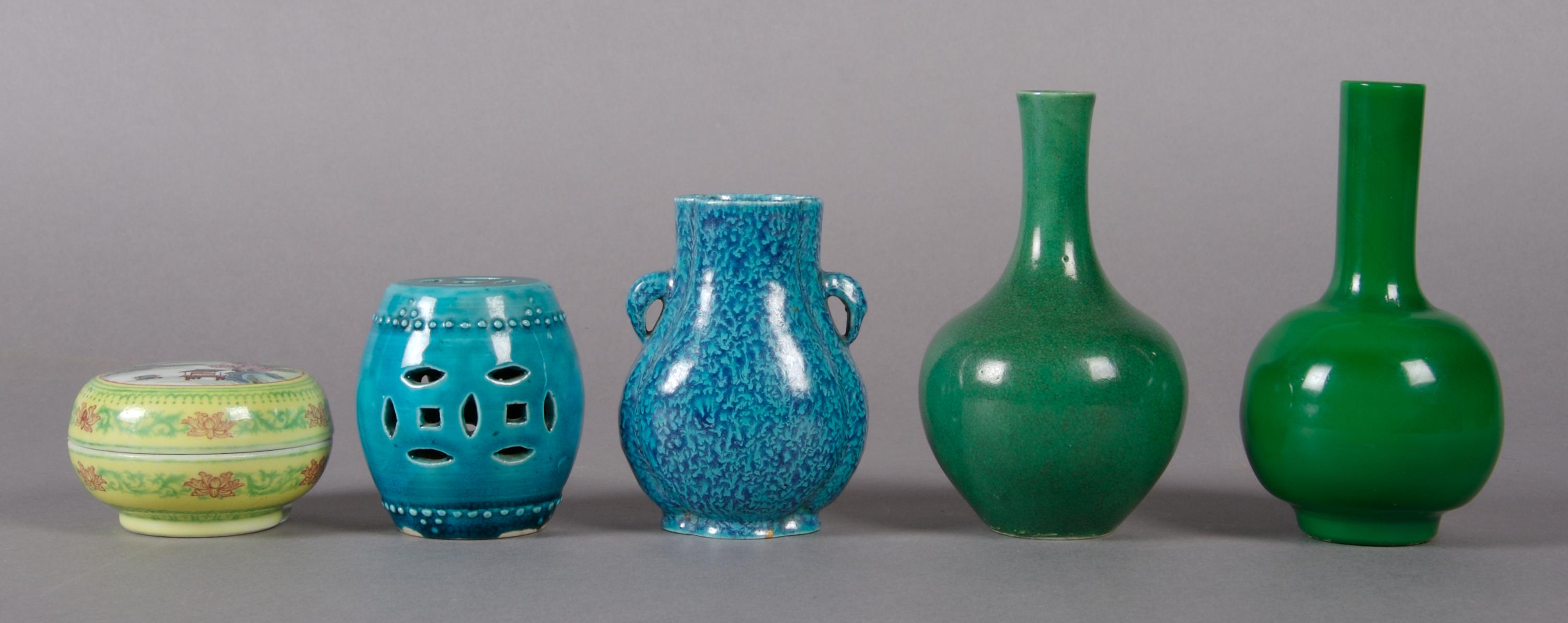A Group of Four Miniature Porcelain Chinese Vessels, Height of tallest 4 7/8 inches.