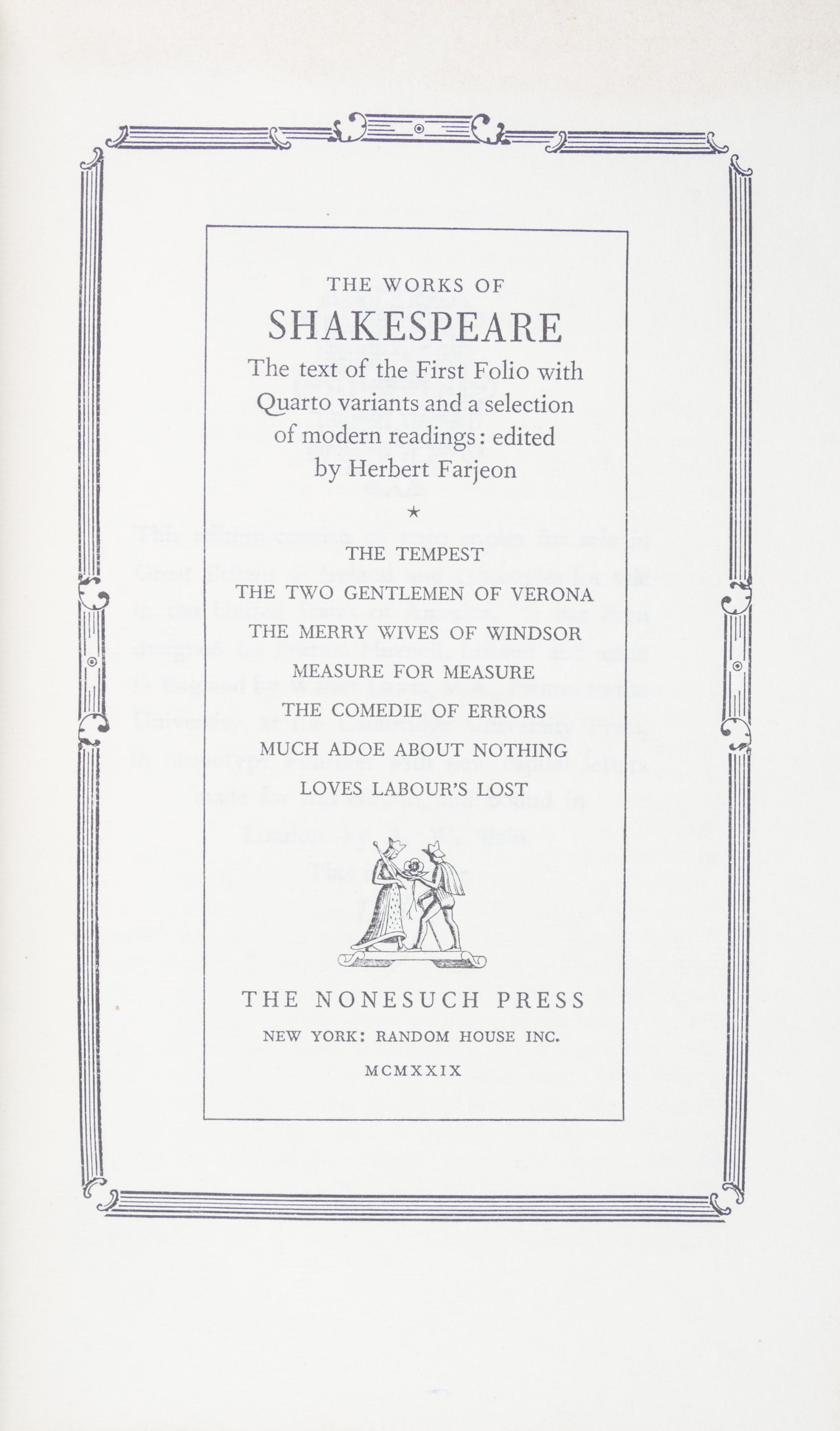 (NONESUCH PRESS) SHAKESPEARE, WILLIAM. The Works. NY, 1929-33. 7 vols.