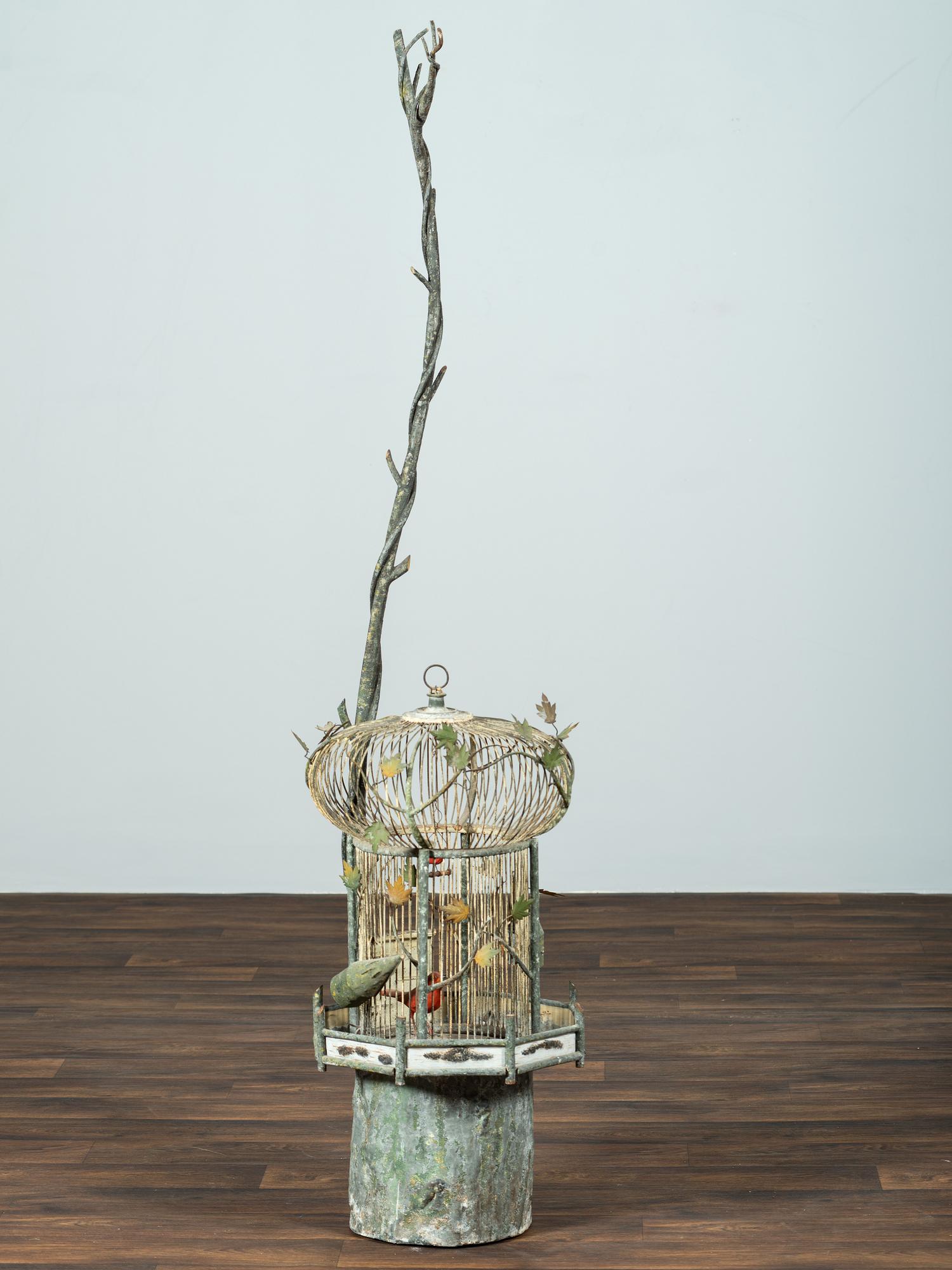 A Folk Art Painted Metal Bird Cage on Stand