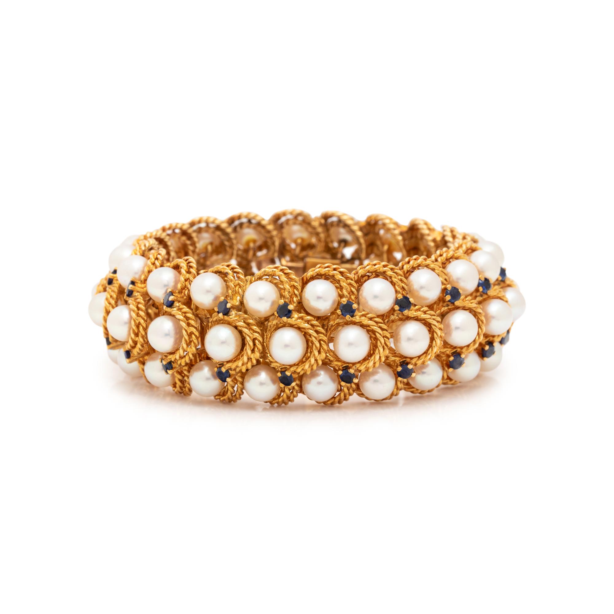 TIFFANY & CO., YELLOW GOLD, CULTURED PEARL AND SAPPHIRE BRACELET