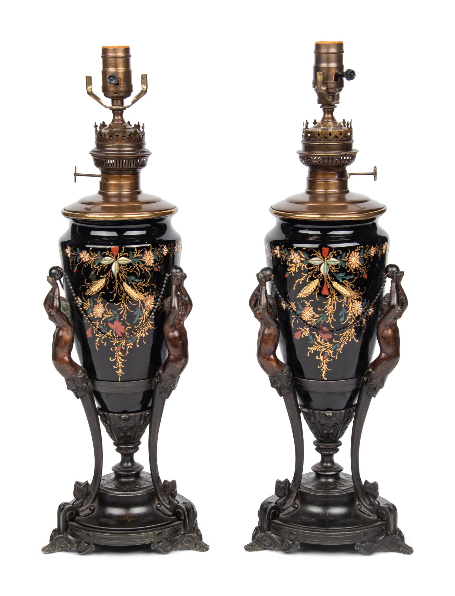 A Pair of Victorian Painted Glass and Cast Metal Amphorae Mounted as Lamps