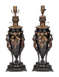 A Pair of Victorian Painted Glass and Cast Metal Amphorae Mounted as Lamps