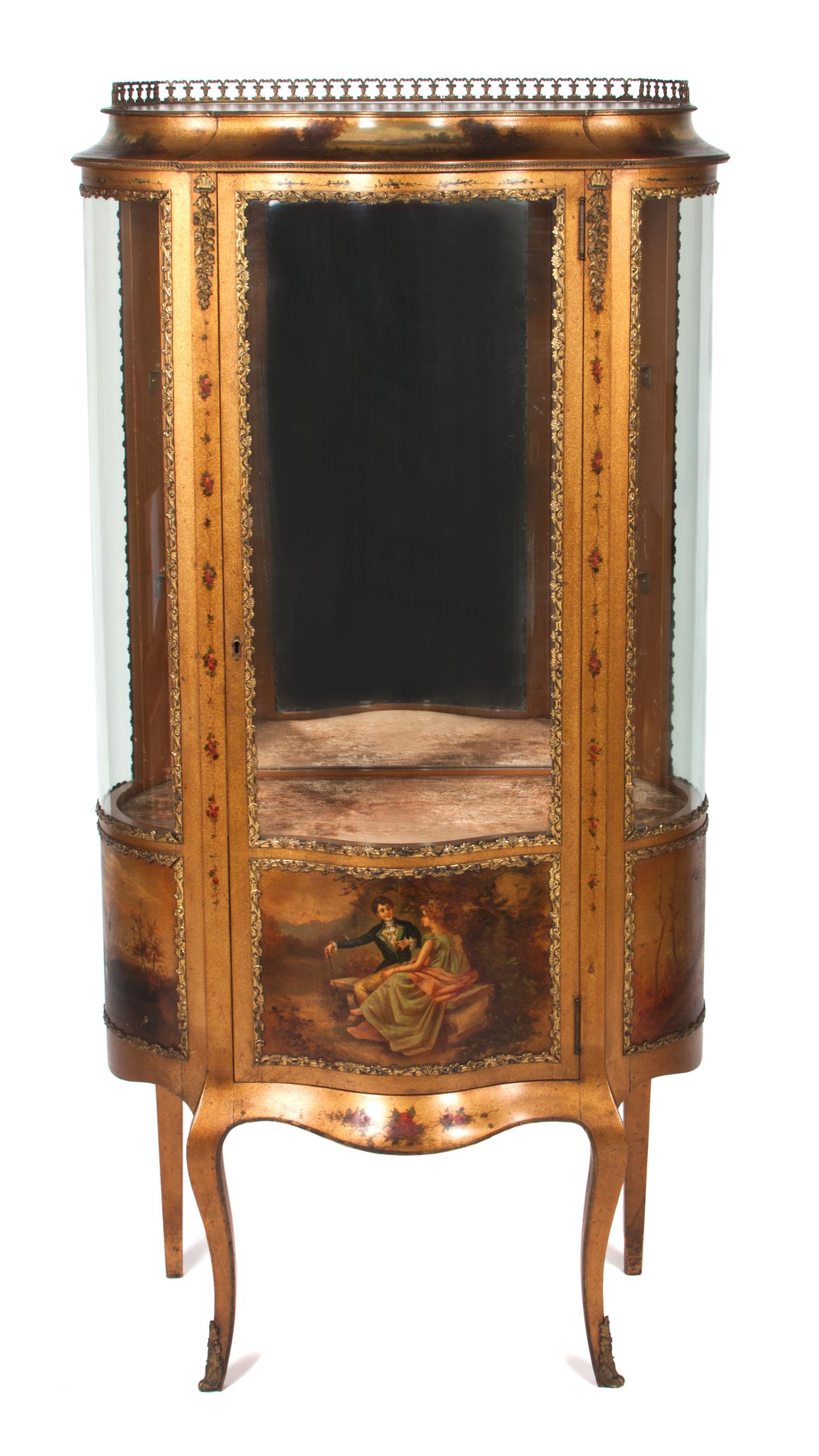 A Louis XV Style Vernis Martin Vitrine Height 58 x width 27 x depth 13 inches.