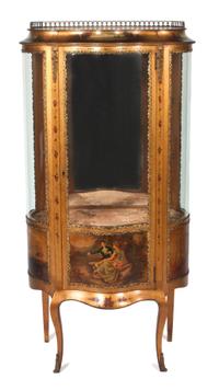 A Louis XV Style Vernis Martin Vitrine Height 58 x width 27 x depth 13 inches.