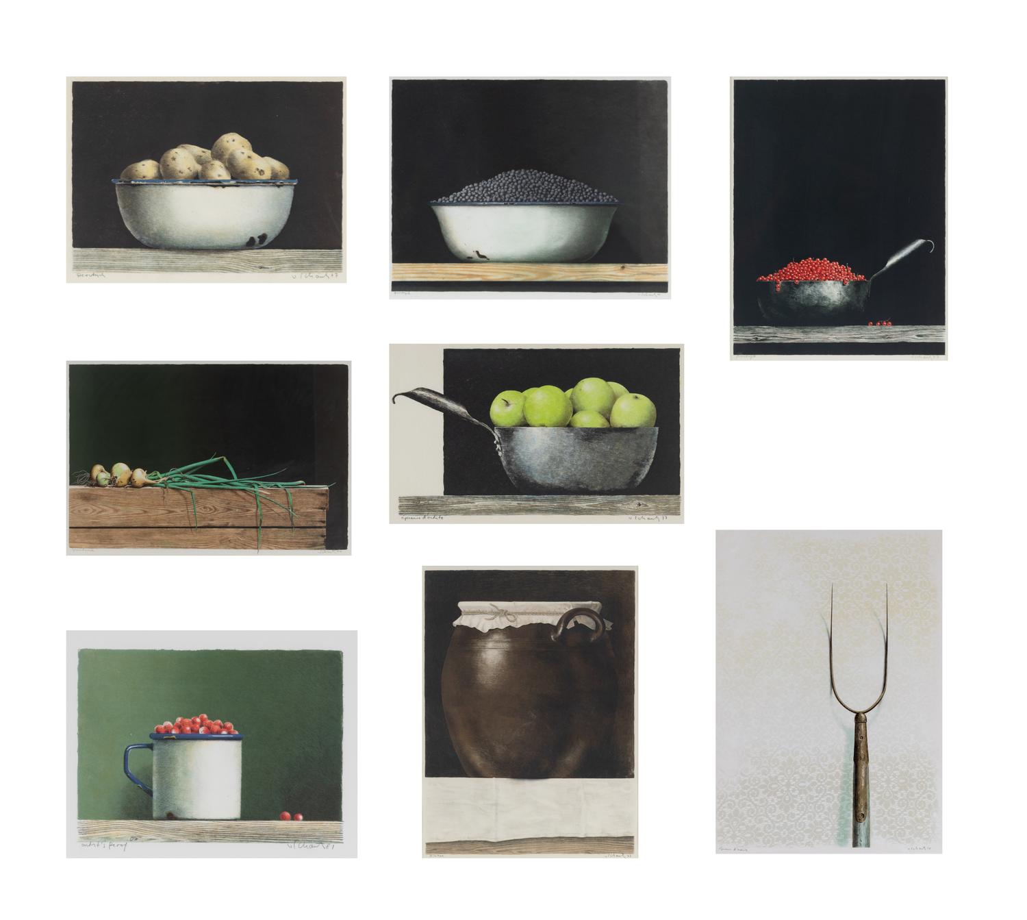 Eight Still Life Prints of Fruits and Bowls