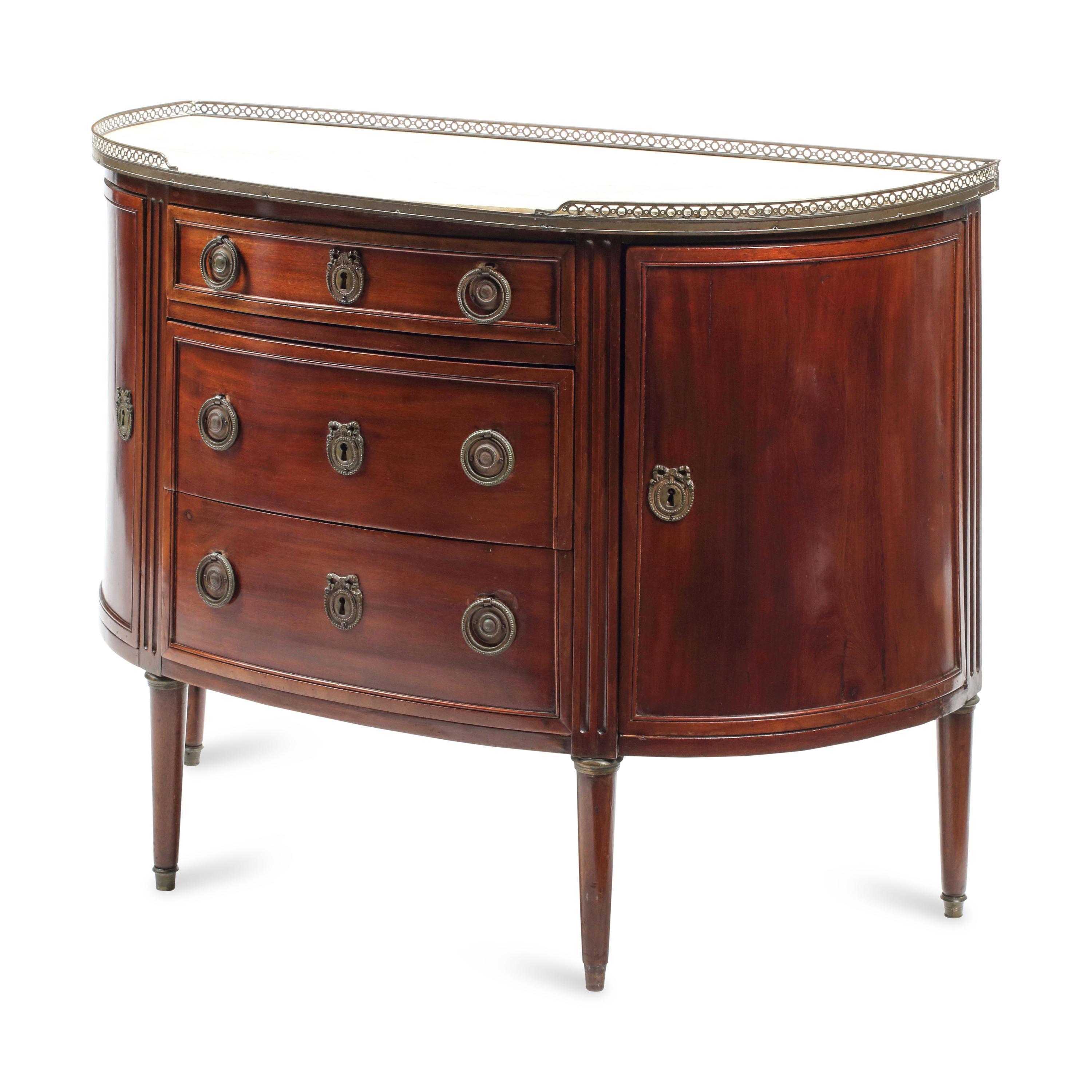 A Louis XVI Style Mahogany Demilune Marble-Top Cabinet