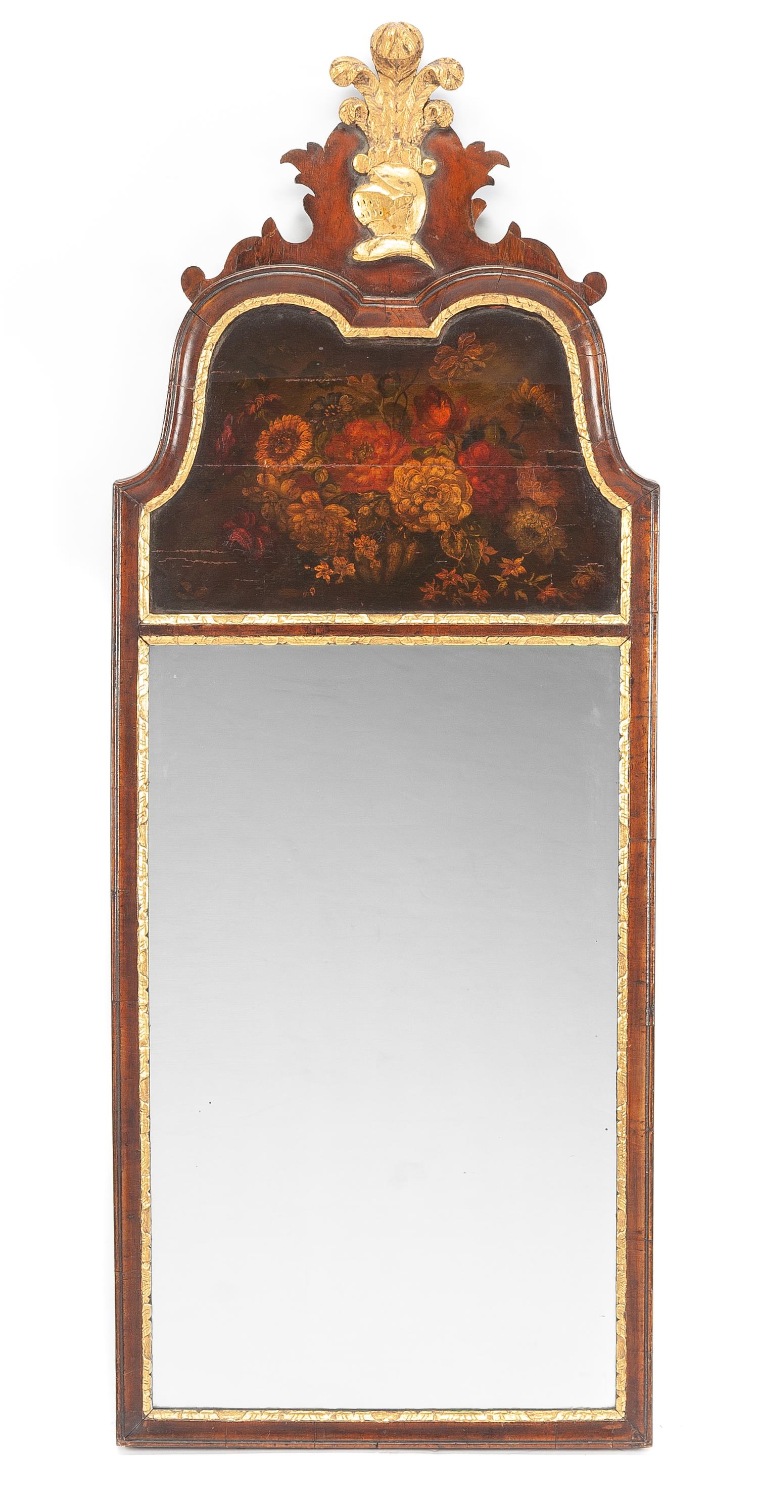 A Queen Anne Style Painted and Parcel Gilt Mahogany Mirror Height 53 x width 19 3/4 inches. — 19TH CENTURY