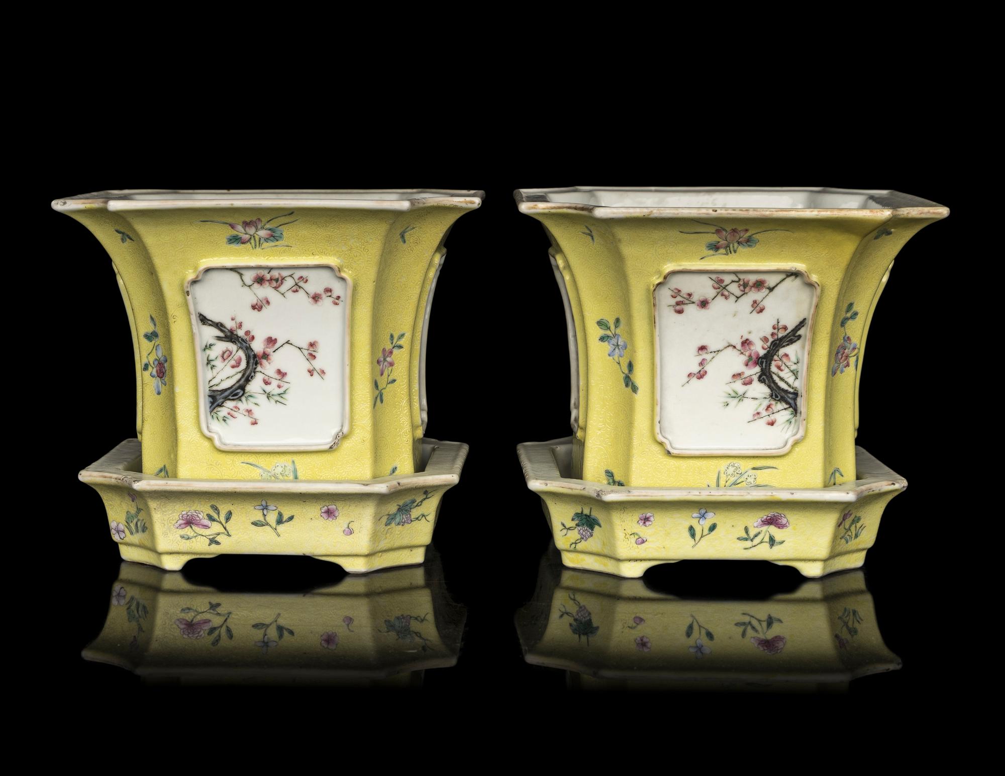 A Pair of Chinese Sgraffito Yellow Ground Famille Rose Porcelain Cache Pots