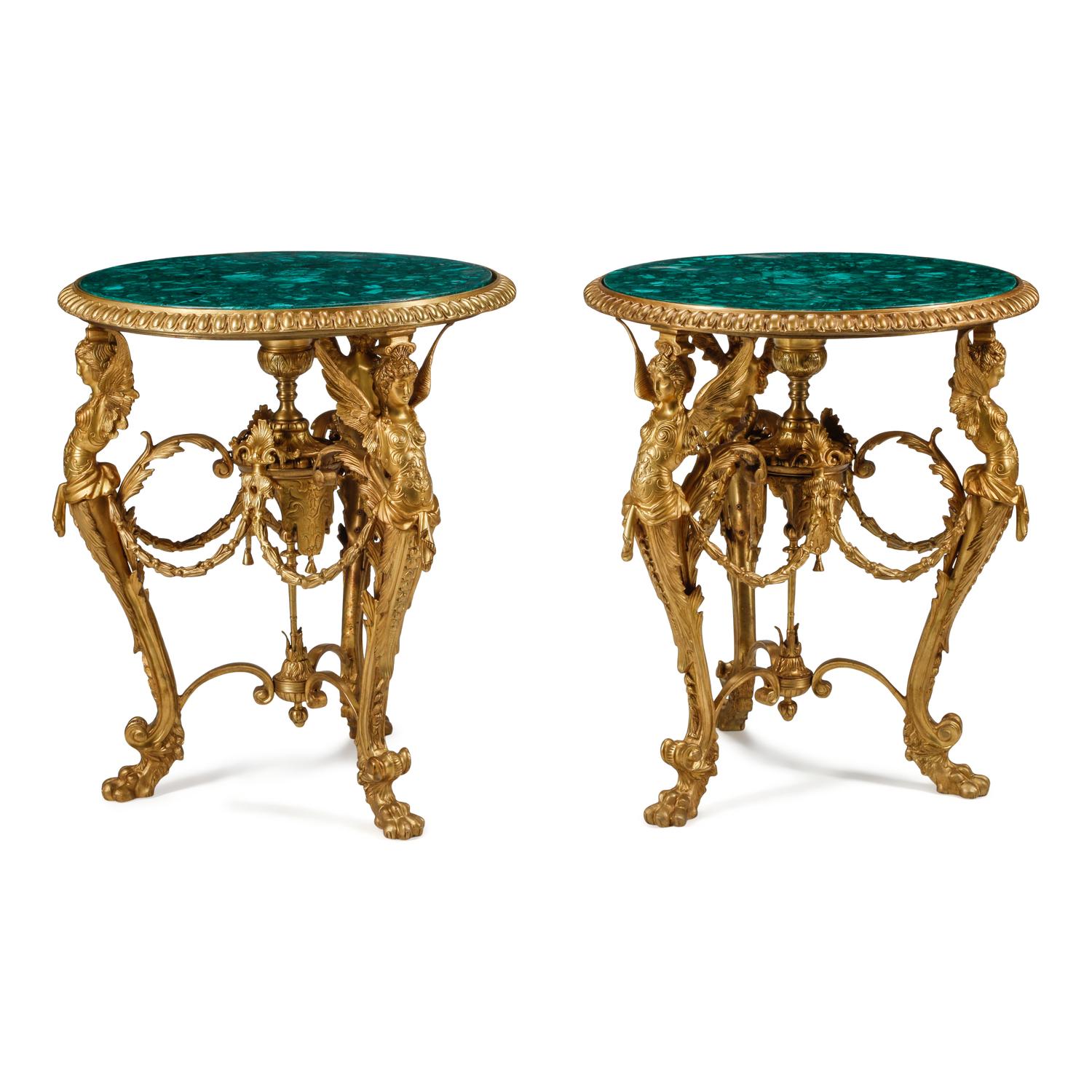 A Pair of Neoclassical Style Gilt Bronze and Malachite Tables