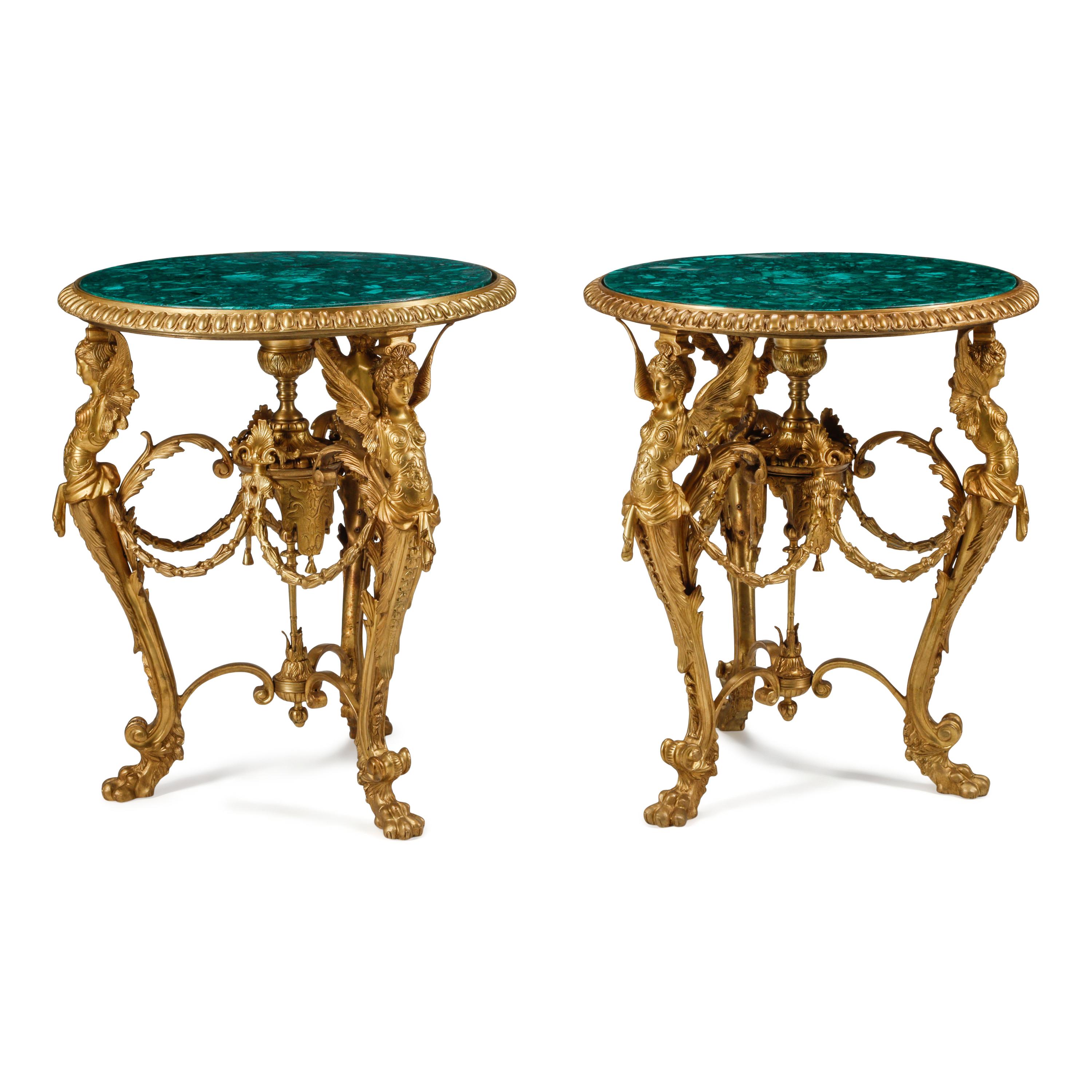 A Pair of Neoclassical Style Gilt Bronze and Malachite Tables