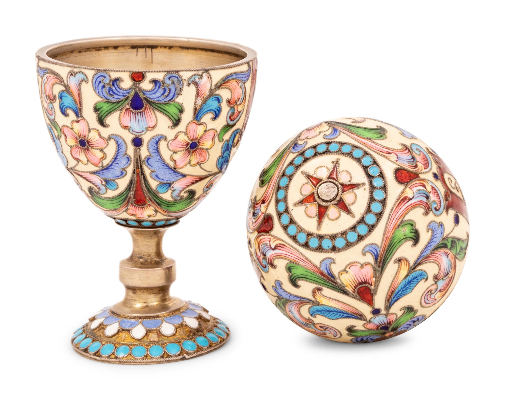 An Unusual Russian Enameled Silver Convertible Egg-Form Double Cordial Glass