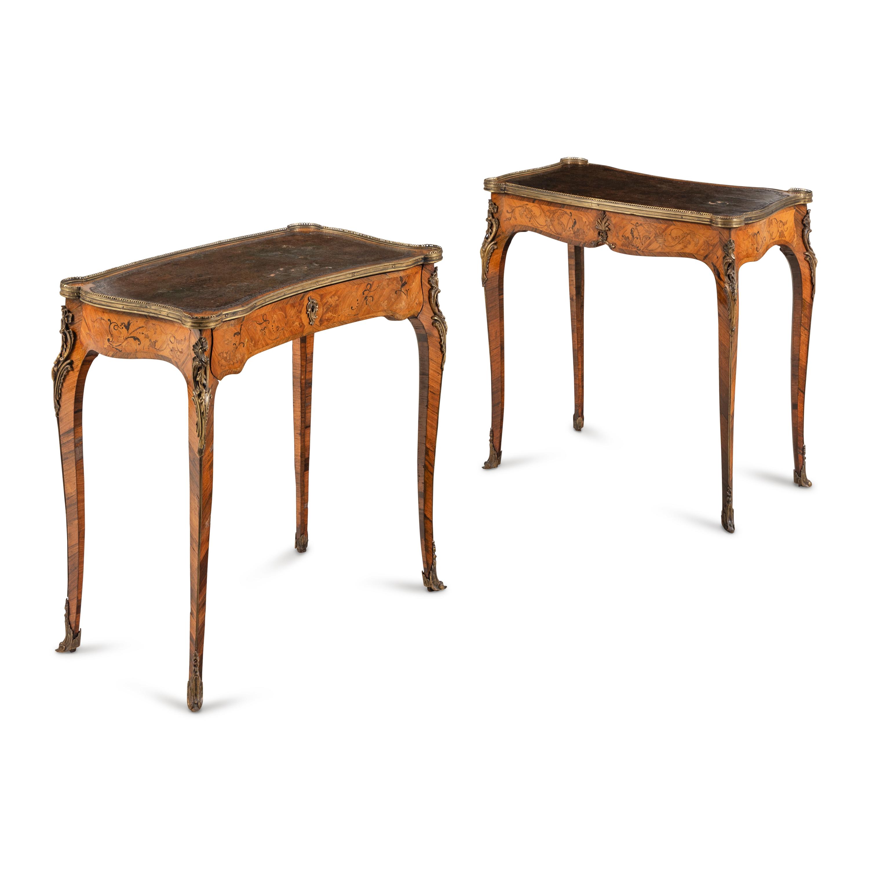 A Pair of Louis XV Style Gilt Bronze Mounted Marquetry Tables à Écrire
