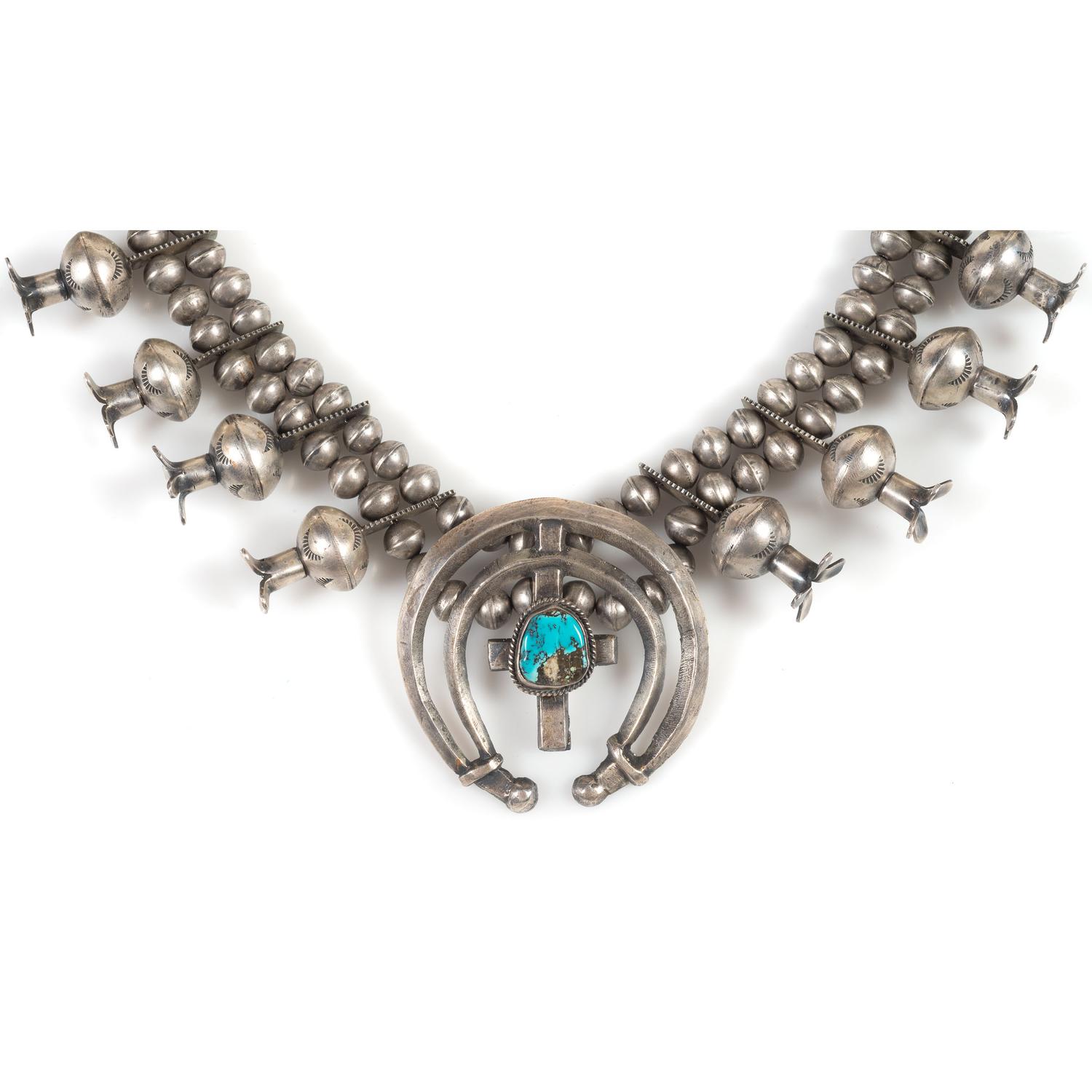 Navajo Silver and Turquoise Squash Blossom Necklace