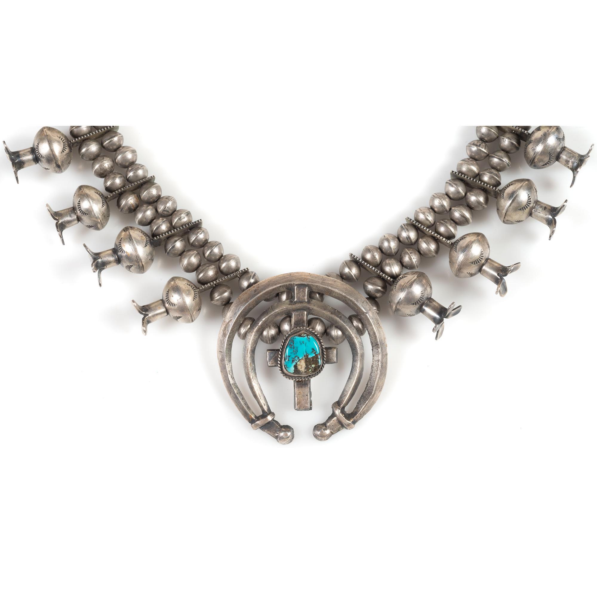 Navajo Silver and Turquoise Squash Blossom Necklace