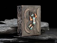 Navajo Silver Lidded Box, with Zuni Inlaid Rainbowman