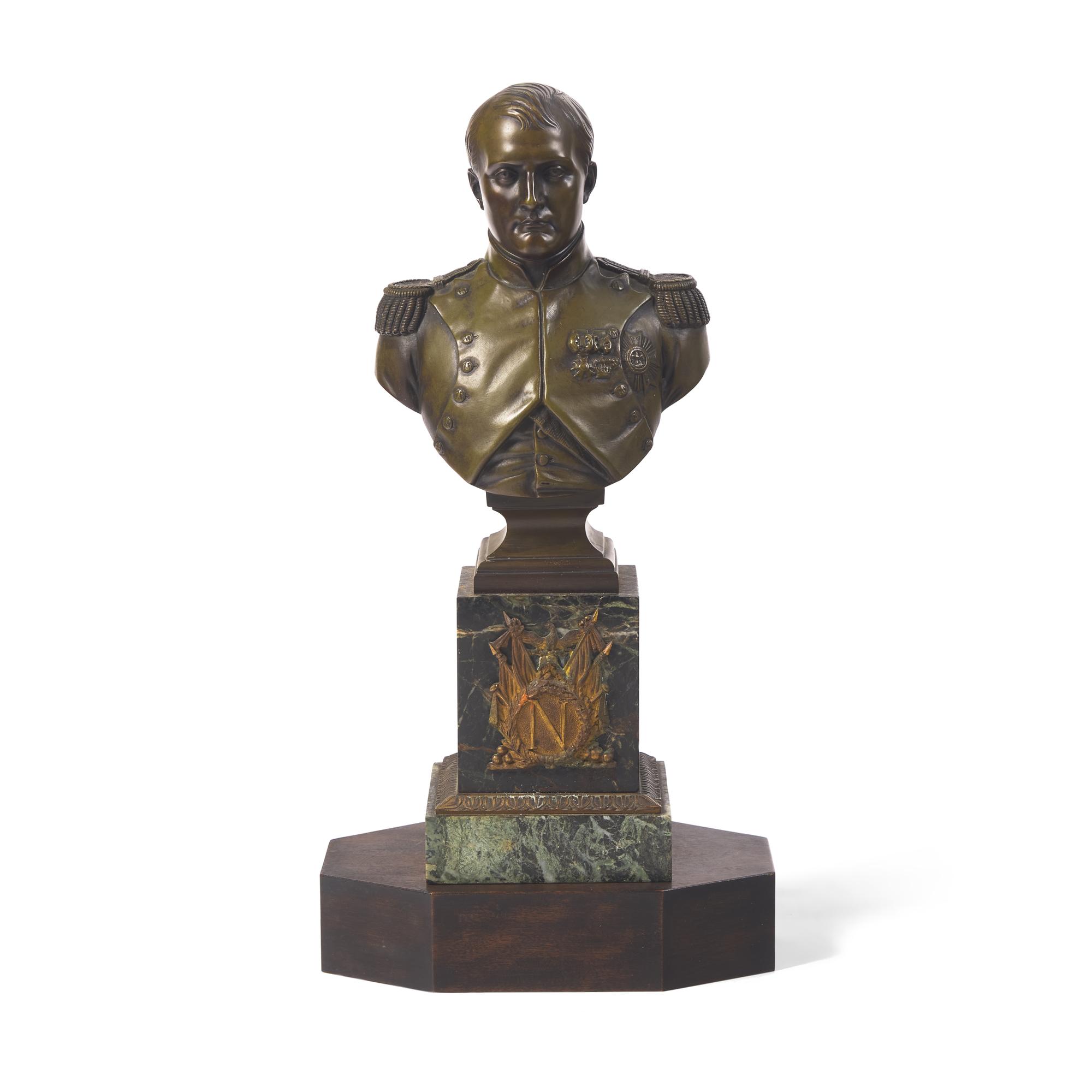 A Small Patinated Bronze and Verde Antico Marble Bust of Napoleon