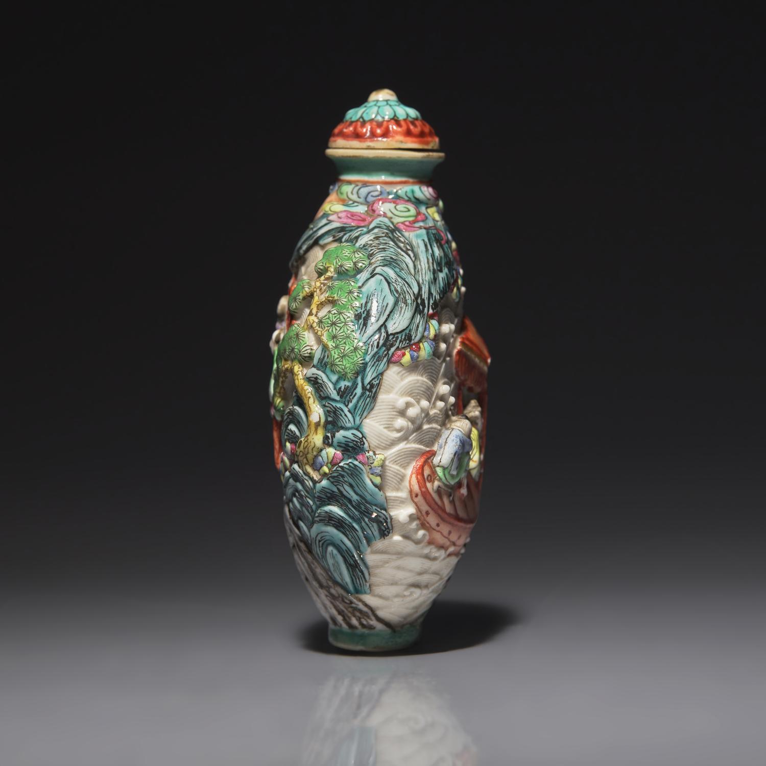 A Chinese Molded and Enameled Porcelain Snuff Bottle, Jiaqing Mark and Probably of the Period 嘉慶款 粉彩凸雕赤壁賦鼻烟壺