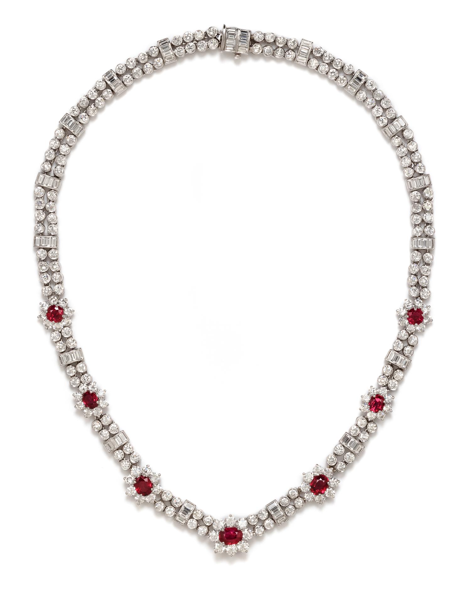 A Platinum, Burmese Ruby and Diamond Necklace, 46.85 dwts.