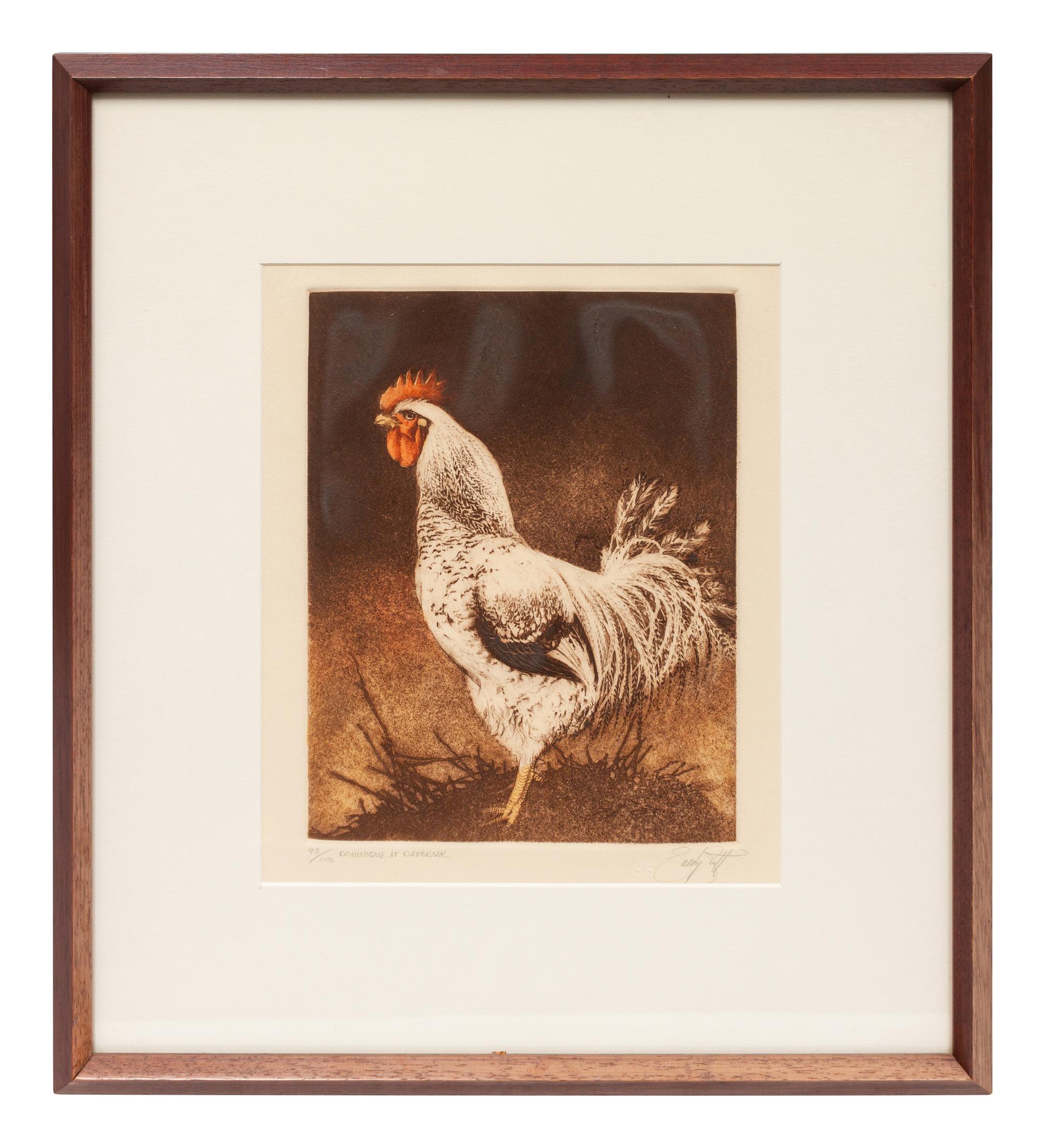 Two Copies, Dominique at Daybreak, editions 64/100 and 43/100; together with Brown Trout , edition 39/500, signed illegibly and Red Hen , edition 22/50, signed illegibly