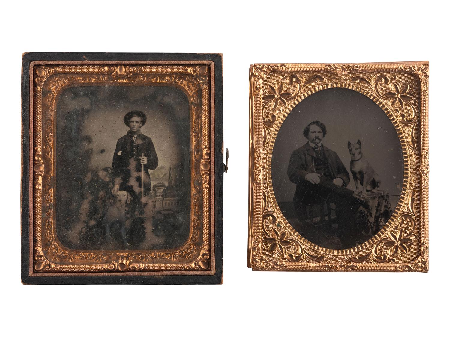 [EARLY PHOTOGRAPHY]. A trio of portraits featuring men with dogs, comprising: