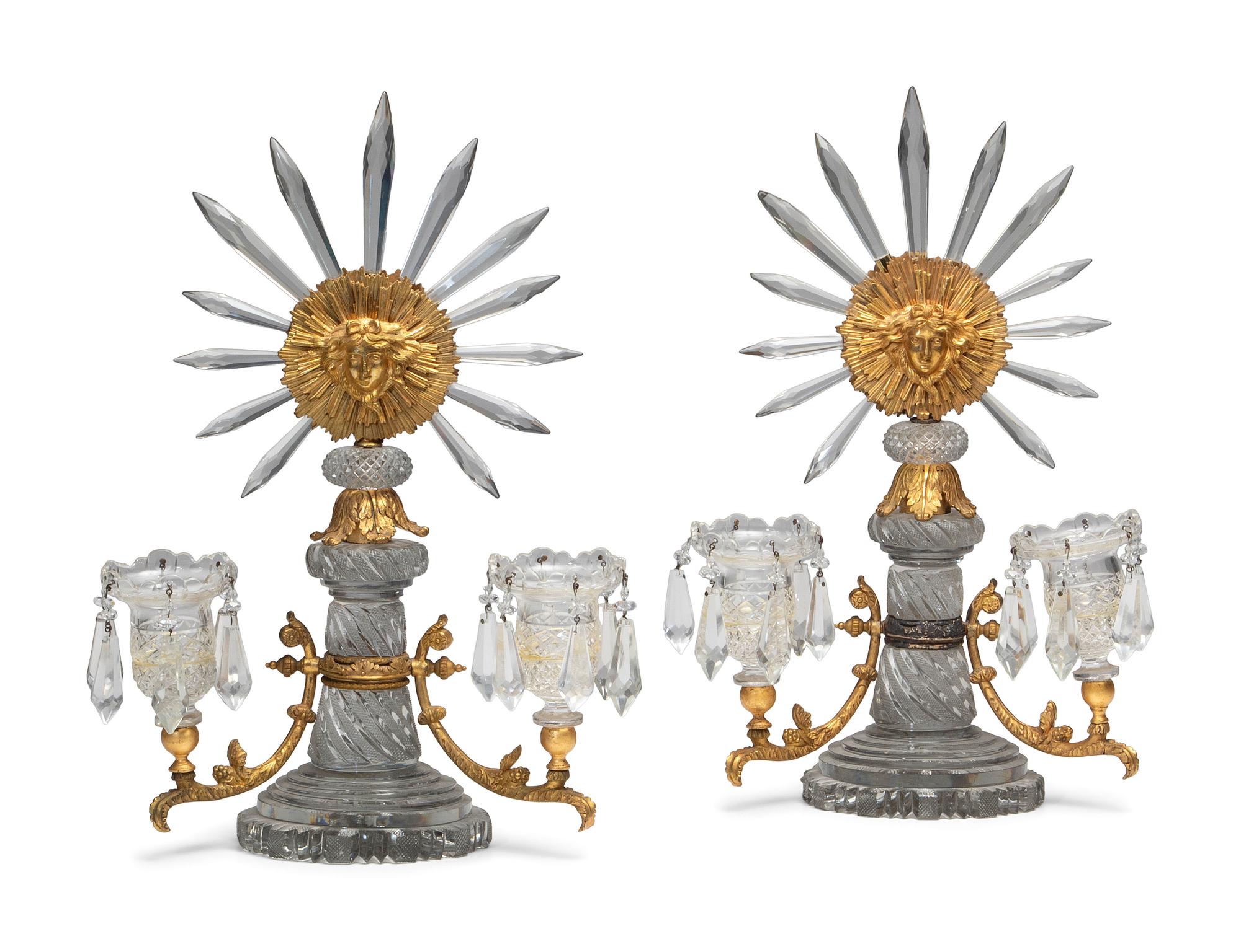 A Pair of Regency Gilt Bronze and Cut Glass Twin-Light Candelabra