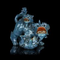 A Chinese Robin's Egg Glazed Porcelain Figural Group of Fu Lions
