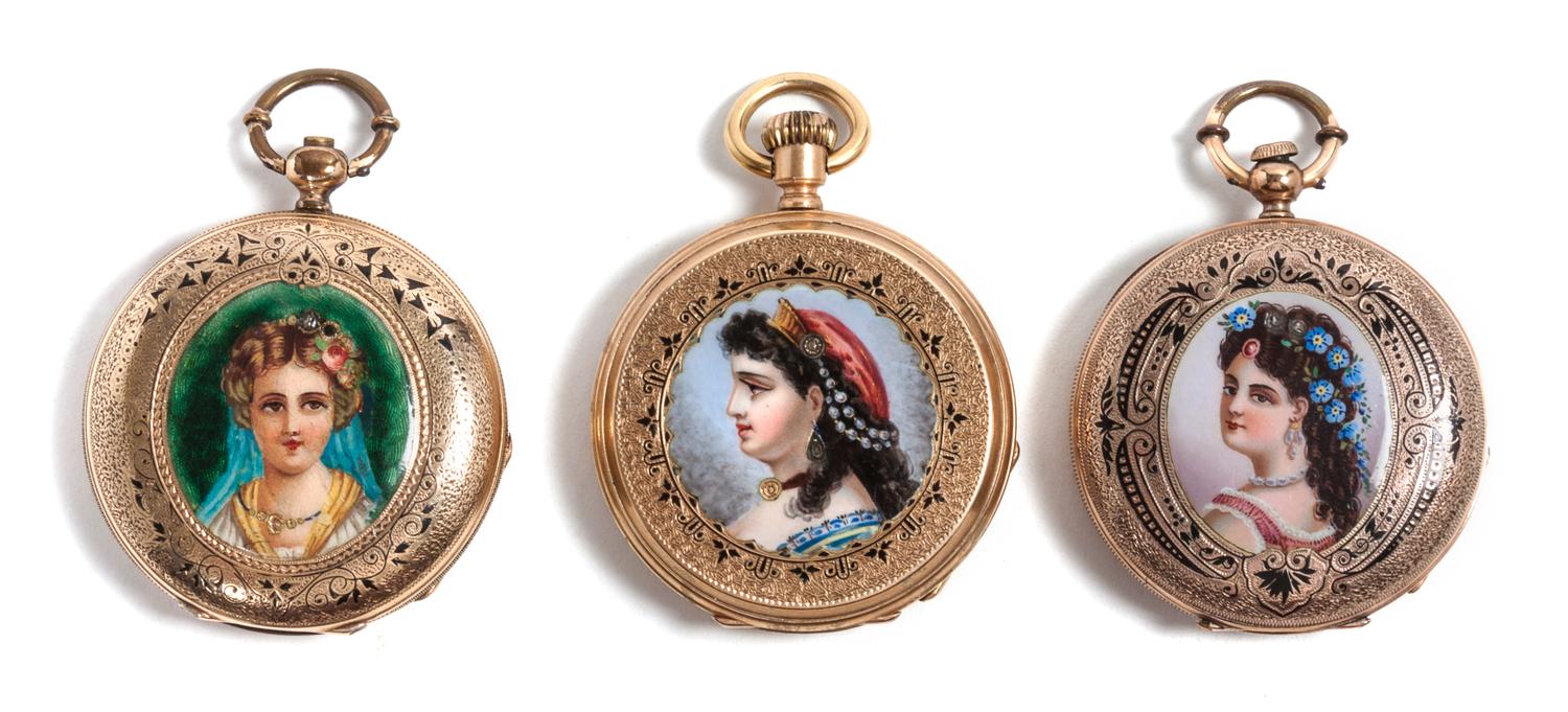 A Group of Three Enamel Portrait Pocket Watches Diameter 1 5/8 inches.