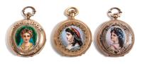 A Group of Three Enamel Portrait Pocket Watches Diameter 1 5/8 inches.