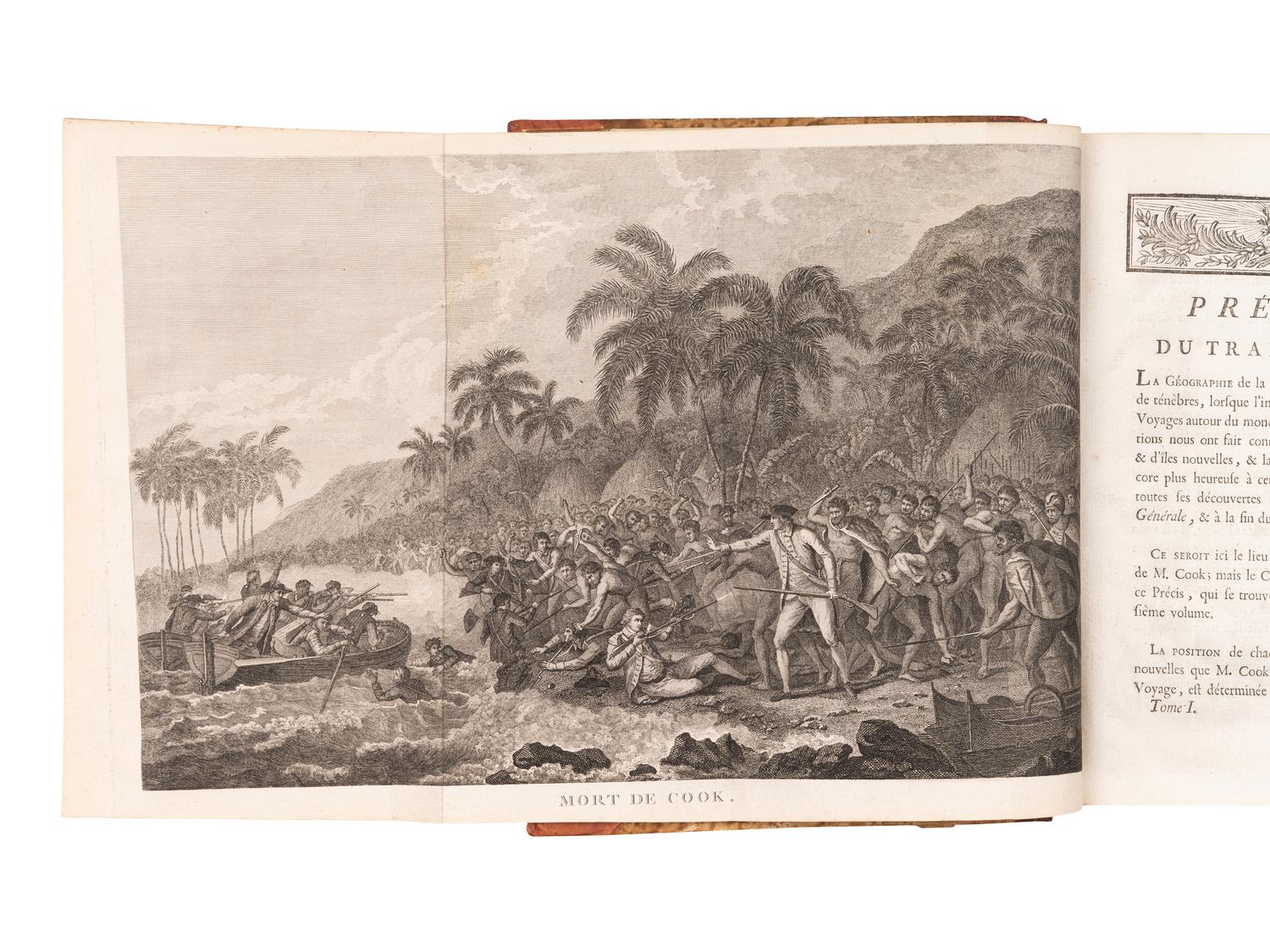 [EXPLORATION -- PACIFIC]. COOK, Capt. James (1728-1779), and Capt. James KING (1750-1784). [Third voyage]. Troisieme voyage de Cook, ou voyage a l'ocean Pacifique... pour faire des decouvertes dans l'hemisphre nord, pour determiner la position & le'tendue de la cote ouest de l'Amerique Septentrionale, sa distance de l'Asie, & resoudre la question du passage au nord. Execute sous la direction des Capitaines Cook, Clerke & Gore, sur les vaisseaux la Resolution & la Decouverte, en 1776, 1777, 1778, 1779 & 1780 . Translated from English into French by Jean Nicholas Demunier. Paris: Hotel de Thou, 1785.