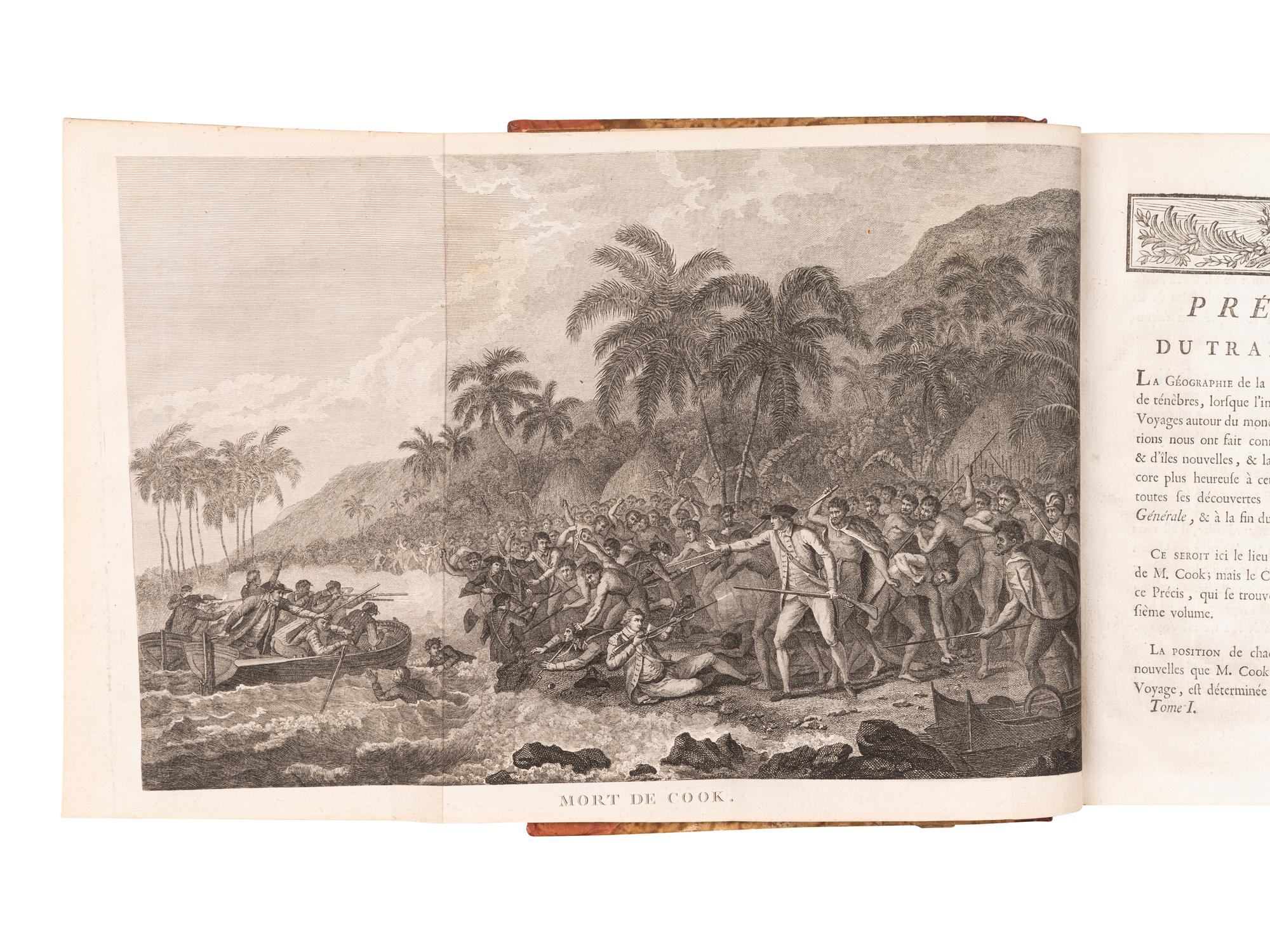 [EXPLORATION -- PACIFIC]. COOK, Capt. James (1728-1779), and Capt. James KING (1750-1784). [Third voyage]. Troisieme voyage de Cook, ou voyage a l'ocean Pacifique... pour faire des decouvertes dans l'hemisphre nord, pour determiner la position & le'tendue de la cote ouest de l'Amerique Septentrionale, sa distance de l'Asie, & resoudre la question du passage au nord. Execute sous la direction des Capitaines Cook, Clerke & Gore, sur les vaisseaux la Resolution & la Decouverte, en 1776, 1777, 1778, 1779 & 1780 . Translated from English into French by Jean Nicholas Demunier. Paris: Hotel de Thou, 1785.