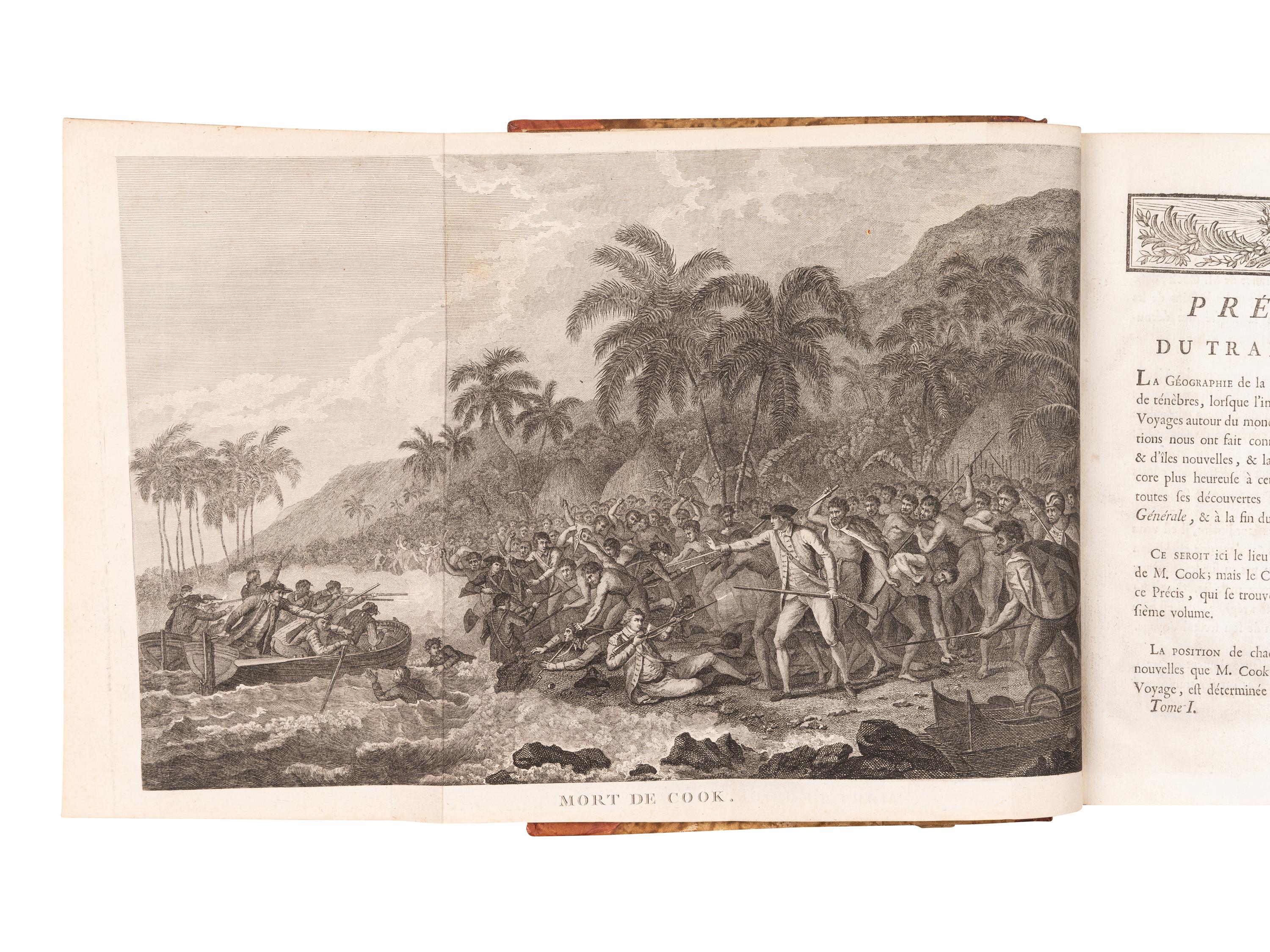 [EXPLORATION -- PACIFIC]. COOK, Capt. James (1728-1779), and Capt. James KING (1750-1784). [Third voyage]. Troisieme voyage de Cook, ou voyage a l'ocean Pacifique... pour faire des decouvertes dans l'hemisphre nord, pour determiner la position & le'tendue de la cote ouest de l'Amerique Septentrionale, sa distance de l'Asie, & resoudre la question du passage au nord. Execute sous la direction des Capitaines Cook, Clerke & Gore, sur les vaisseaux la Resolution & la Decouverte, en 1776, 1777, 1778, 1779 & 1780 . Translated from English into French by Jean Nicholas Demunier. Paris: Hotel de Thou, 1785.
