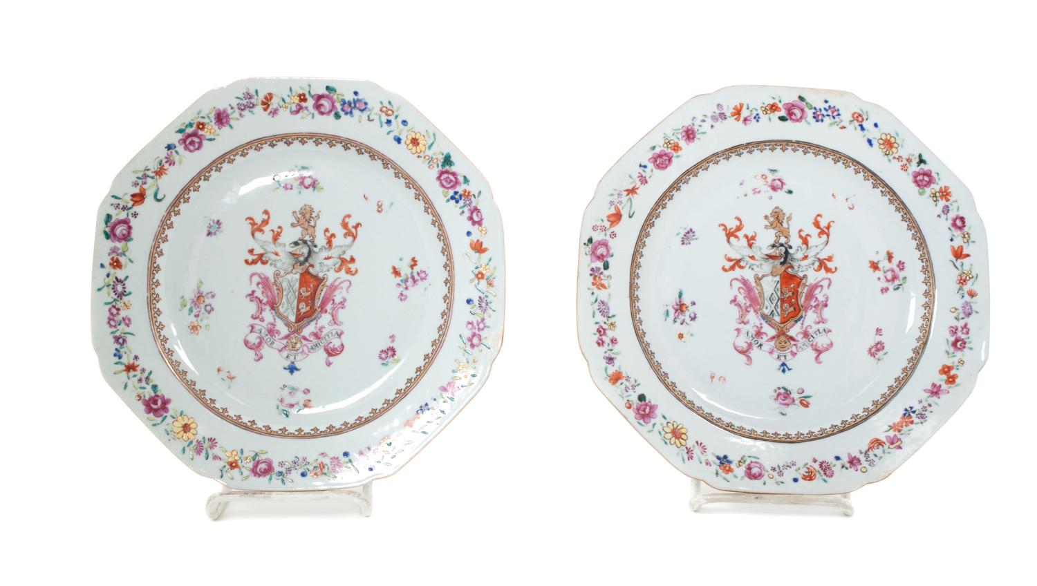 A Pair of Chinese Export Porcelain Armorial Plates Diameter 8 3/4 inches.