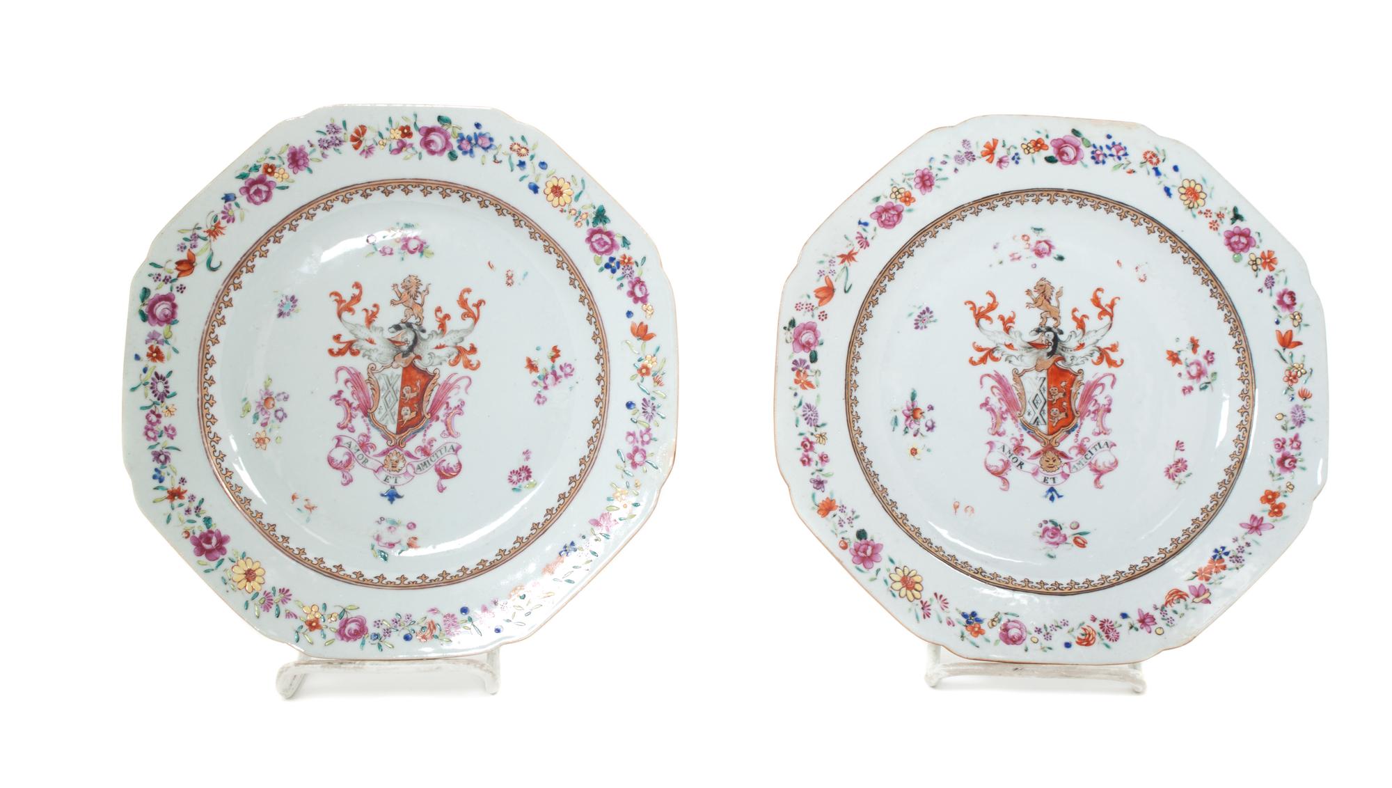 A Pair of Chinese Export Porcelain Armorial Plates Diameter 8 3/4 inches.