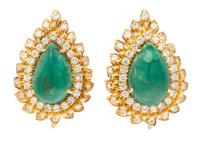A Pair of 18 Karat Yellow Gold, Emerald and Diamond Earclips, David Webb, 18.50 dwts.