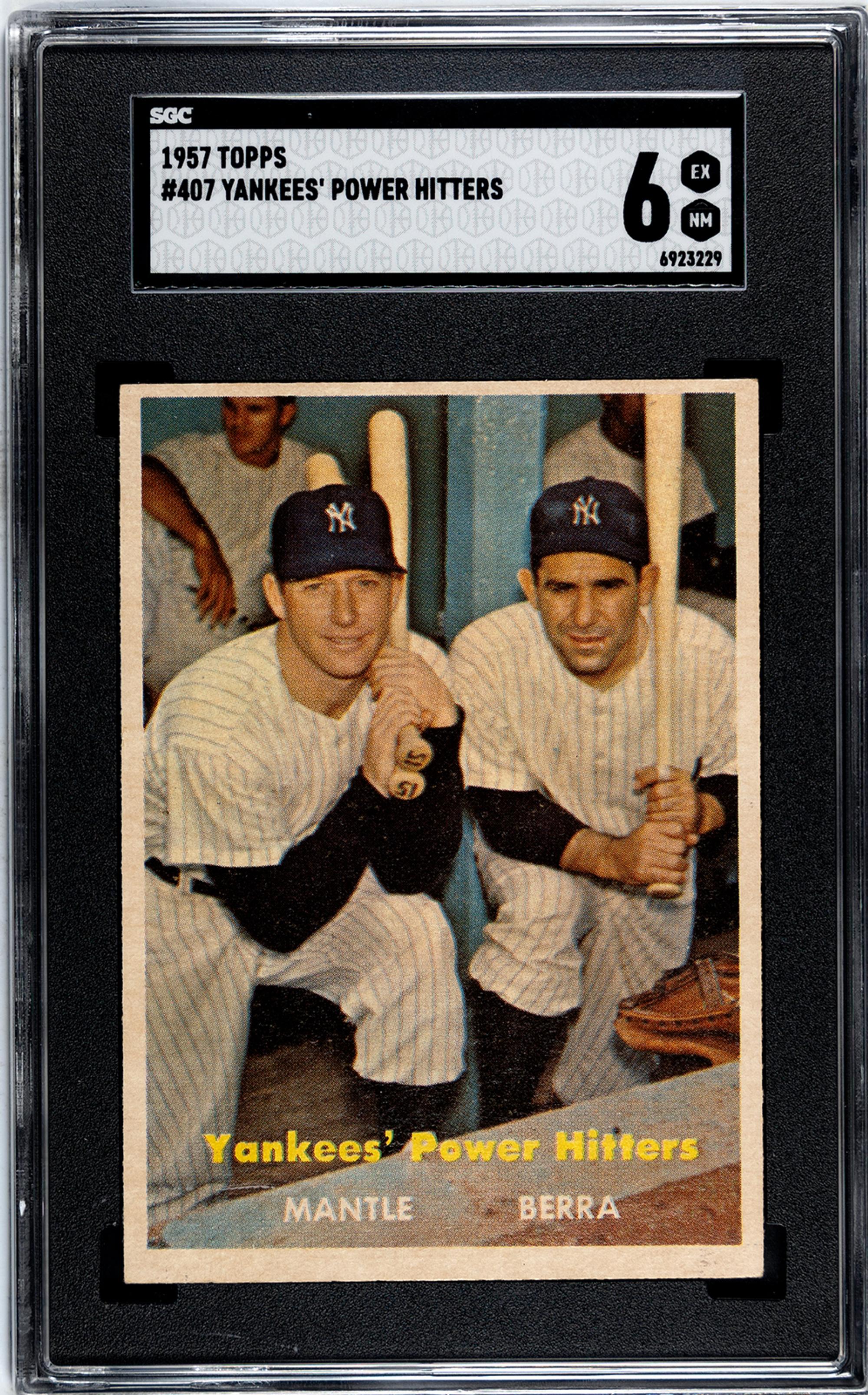 A 1957 Topps Mickey Mantle and Yogi Berra Yankees' Power Hitters Baseball Card No. 407 (SGC 6 EX/NM)
