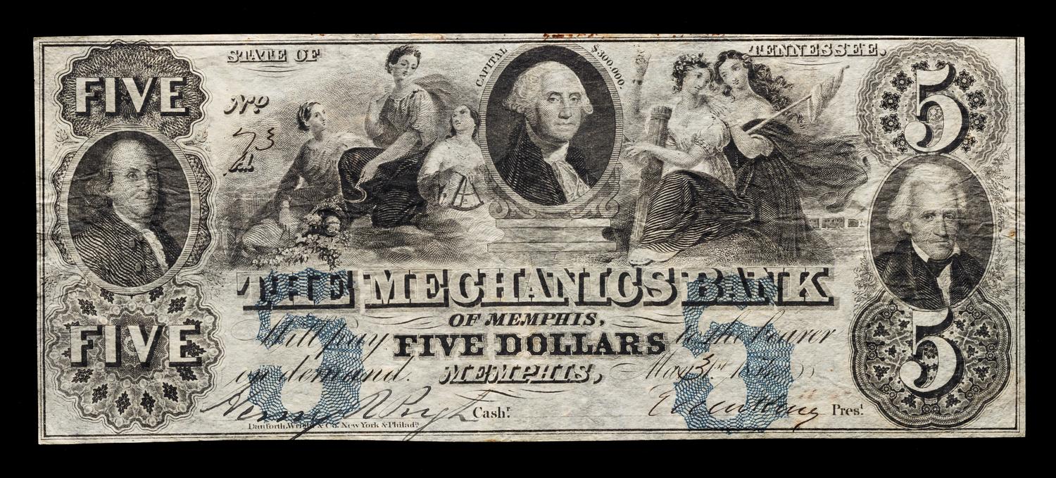 Obsolete $5 Bank Note: The Mechanics Bank of Memphis — MEMPHIS, TENNESSEE, 1854