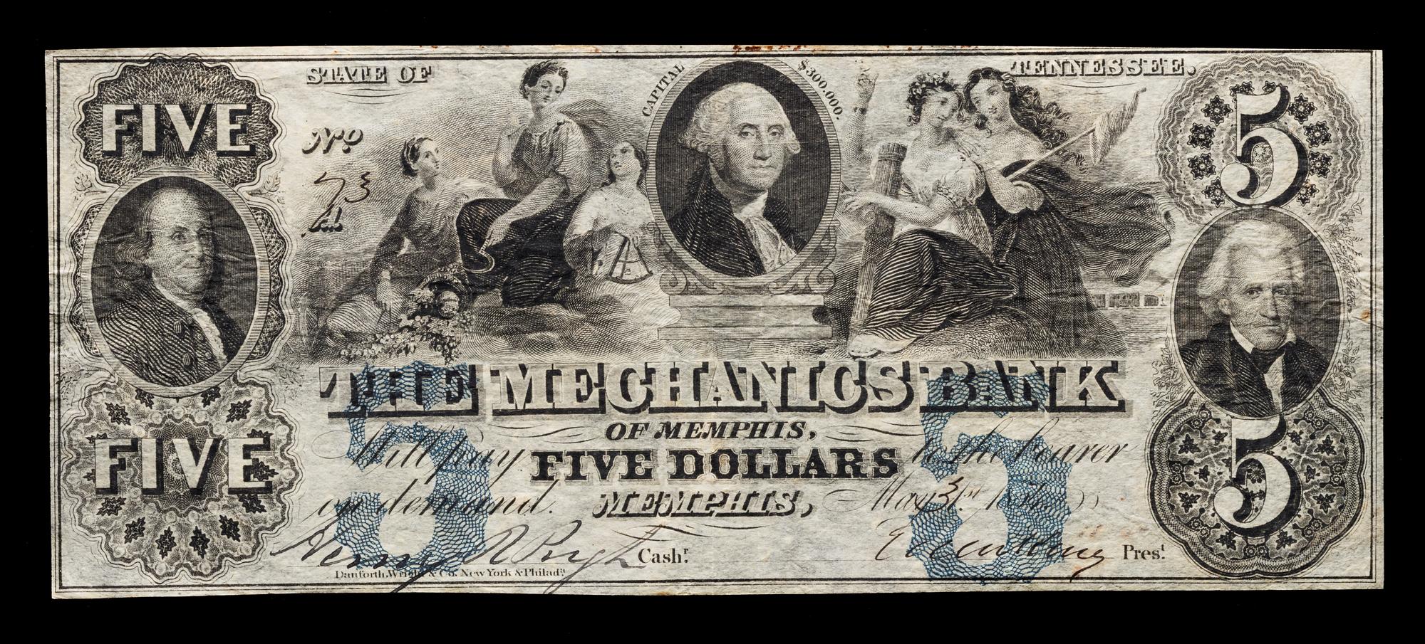 Obsolete $5 Bank Note: The Mechanics Bank of Memphis — MEMPHIS, TENNESSEE, 1854