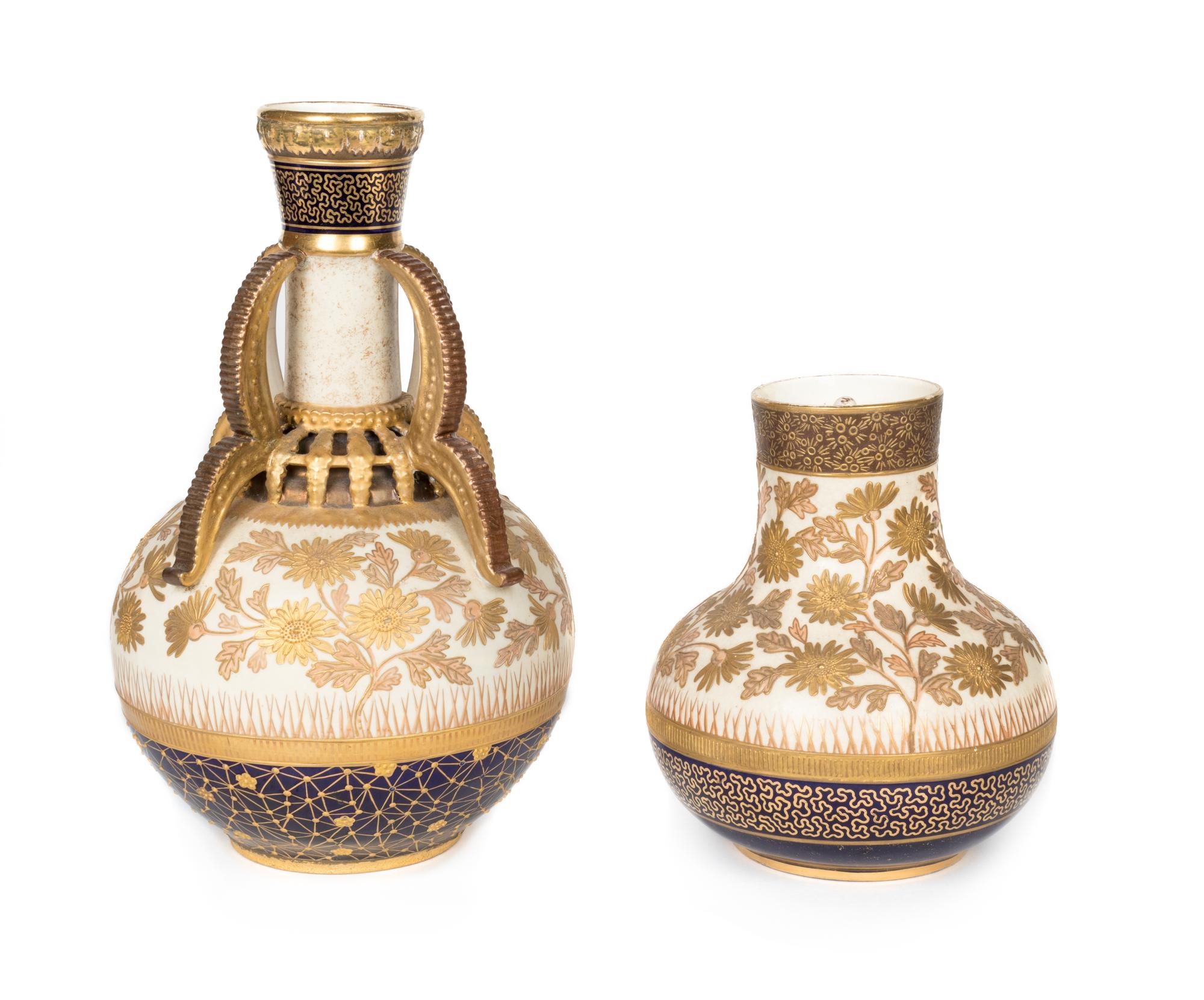 Two American Aesthetic Gilt-Decorated Earthenware Vases