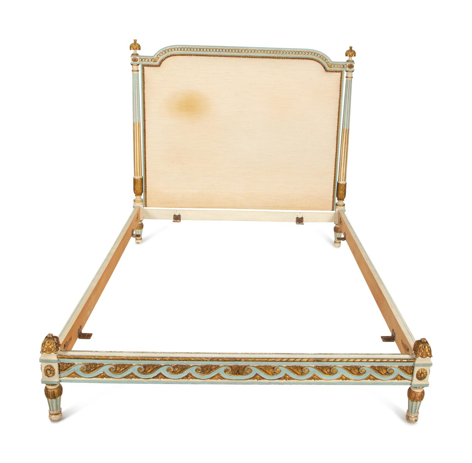A Louis XVI Style Painted and Parcel Gilt Full-Size Bed