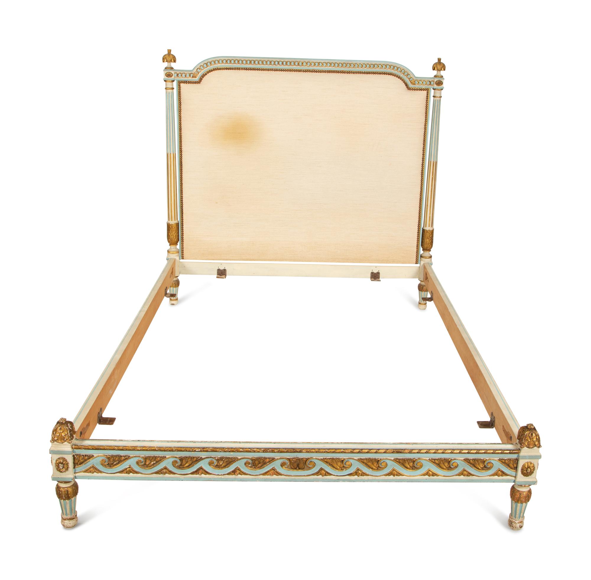 A Louis XVI Style Painted and Parcel Gilt Full-Size Bed