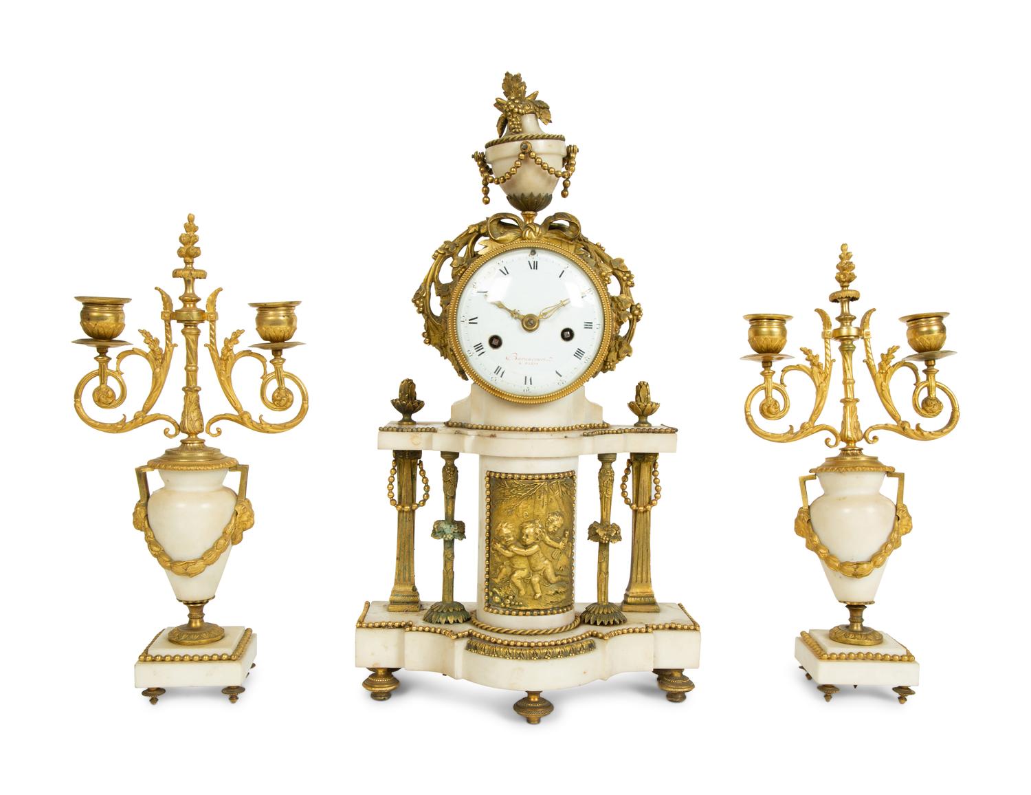 A French Gilt Bronze and Marble Three-Piece Clock Garniture — BARANCOURT, 19TH CENTURY
