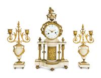 A French Gilt Bronze and Marble Three-Piece Clock Garniture — BARANCOURT, 19TH CENTURY