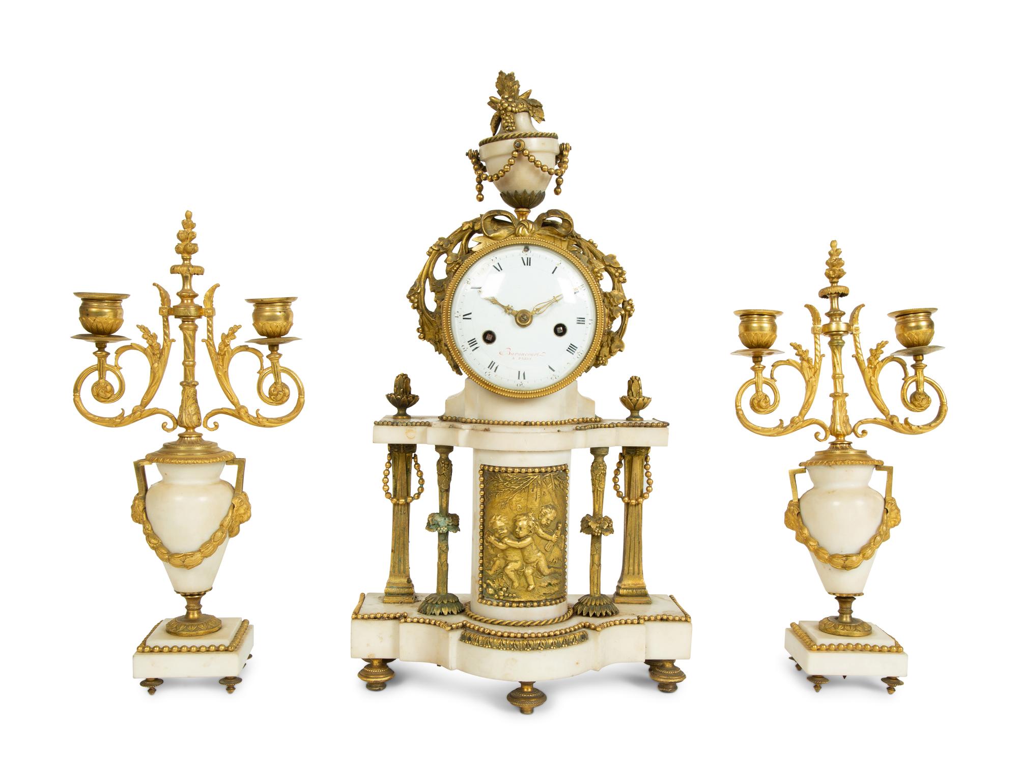 A French Gilt Bronze and Marble Three-Piece Clock Garniture — BARANCOURT, 19TH CENTURY