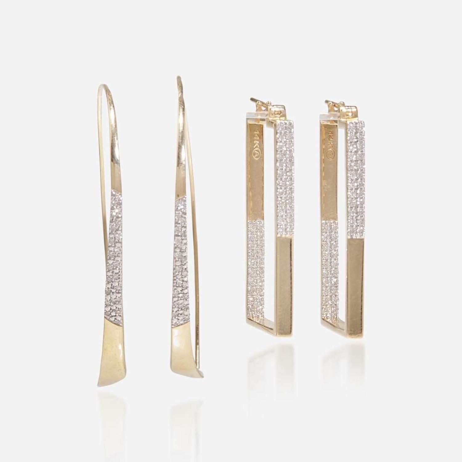 Two Sets of 14K Diamond Hoop Earrings