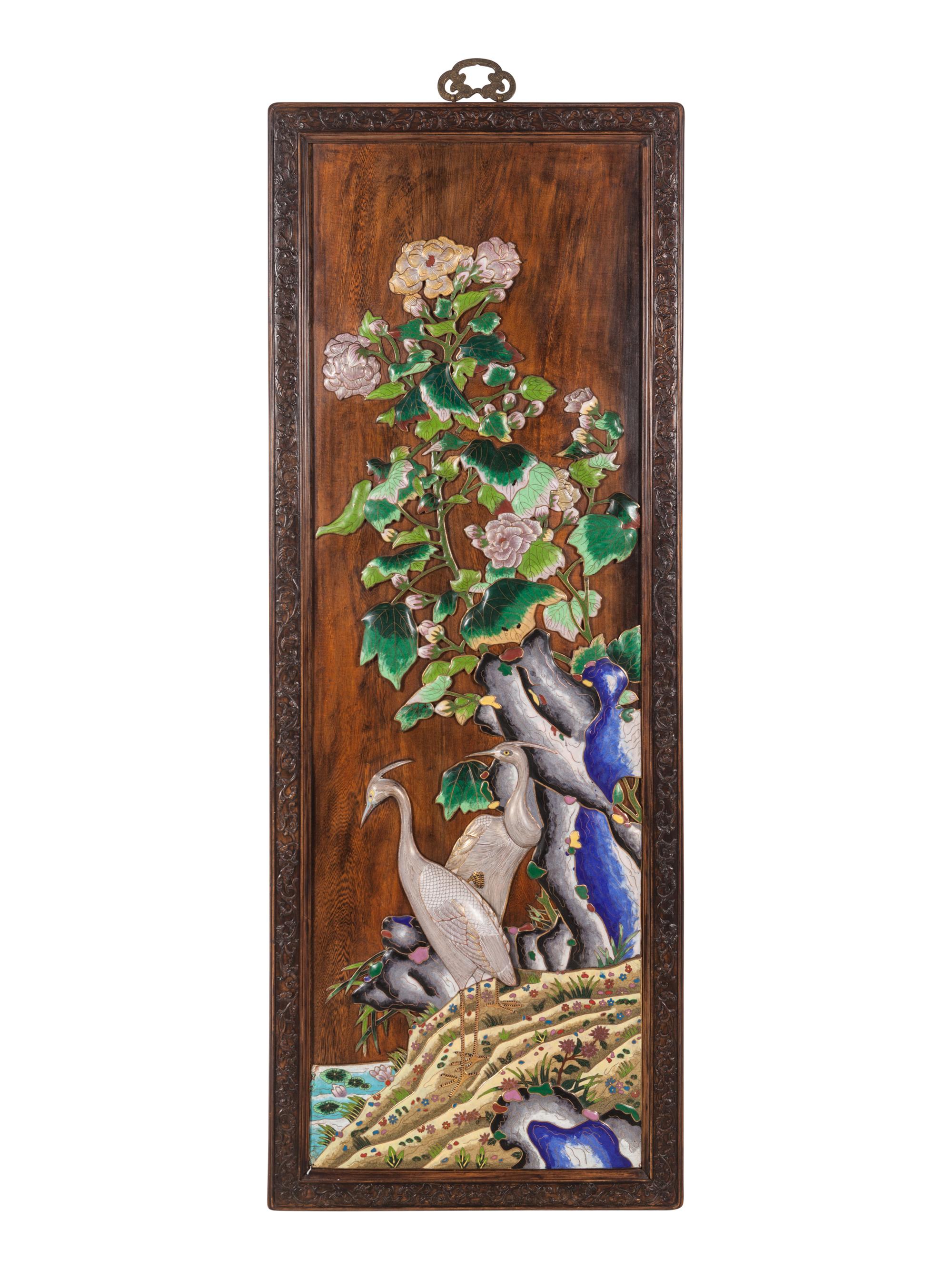 A Set of Four Chinese Export Cloisonné Inset Wood Wall Panels