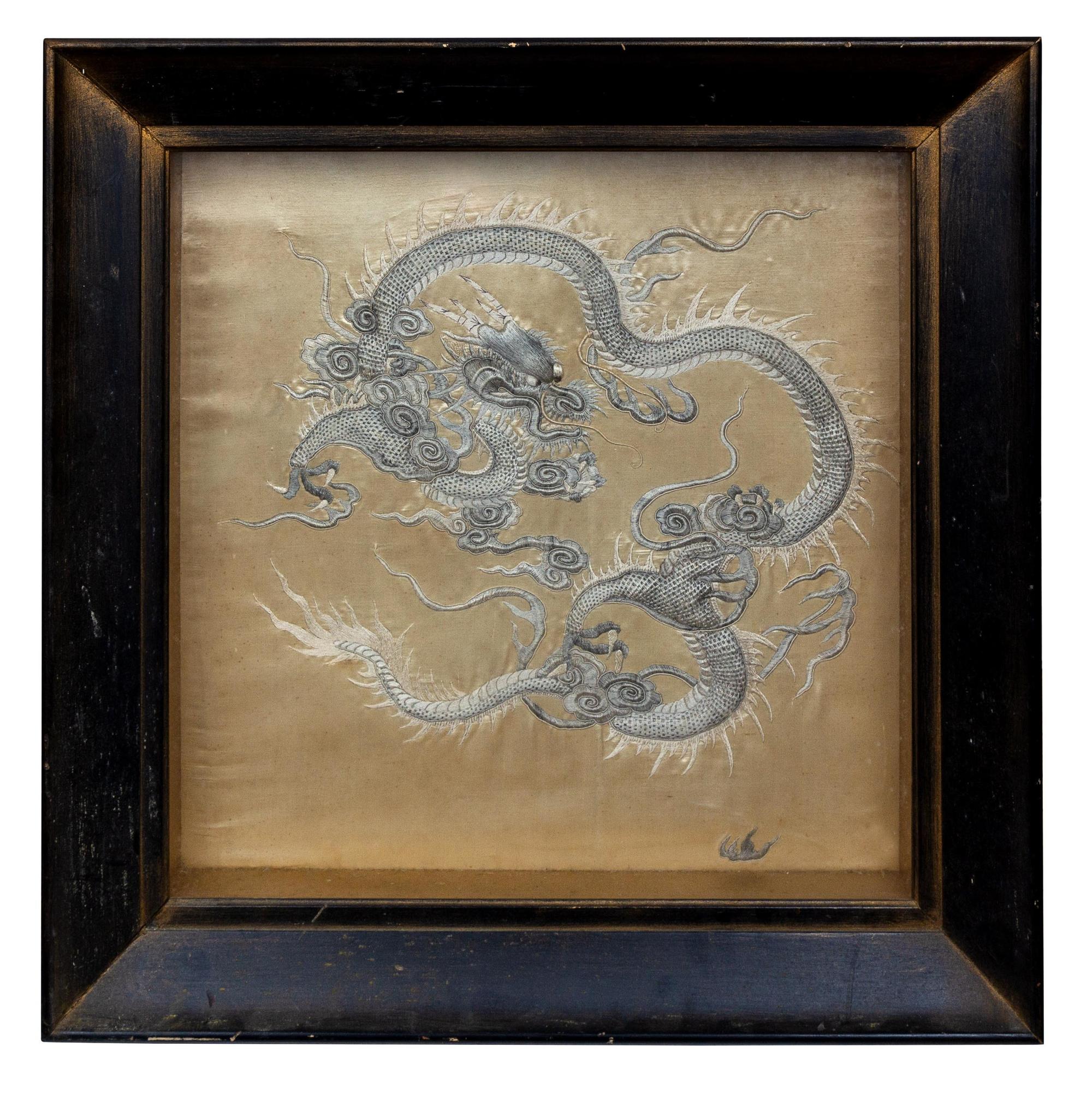 A Pair of Chinese Beige Ground Embroidered Silk Panels
